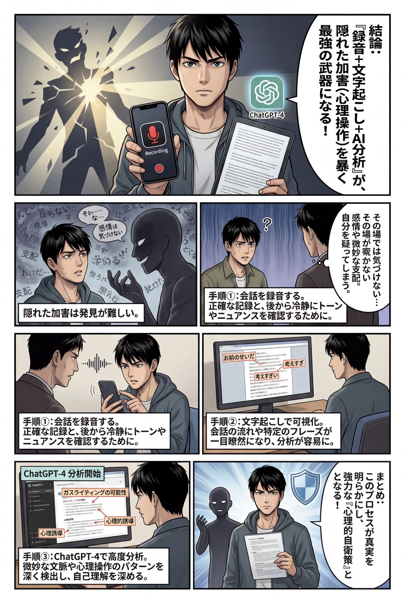 AIビジュアル：隠れた加害（心理操作等）の発見と対応において、録音と文字起こしが効果的な理由