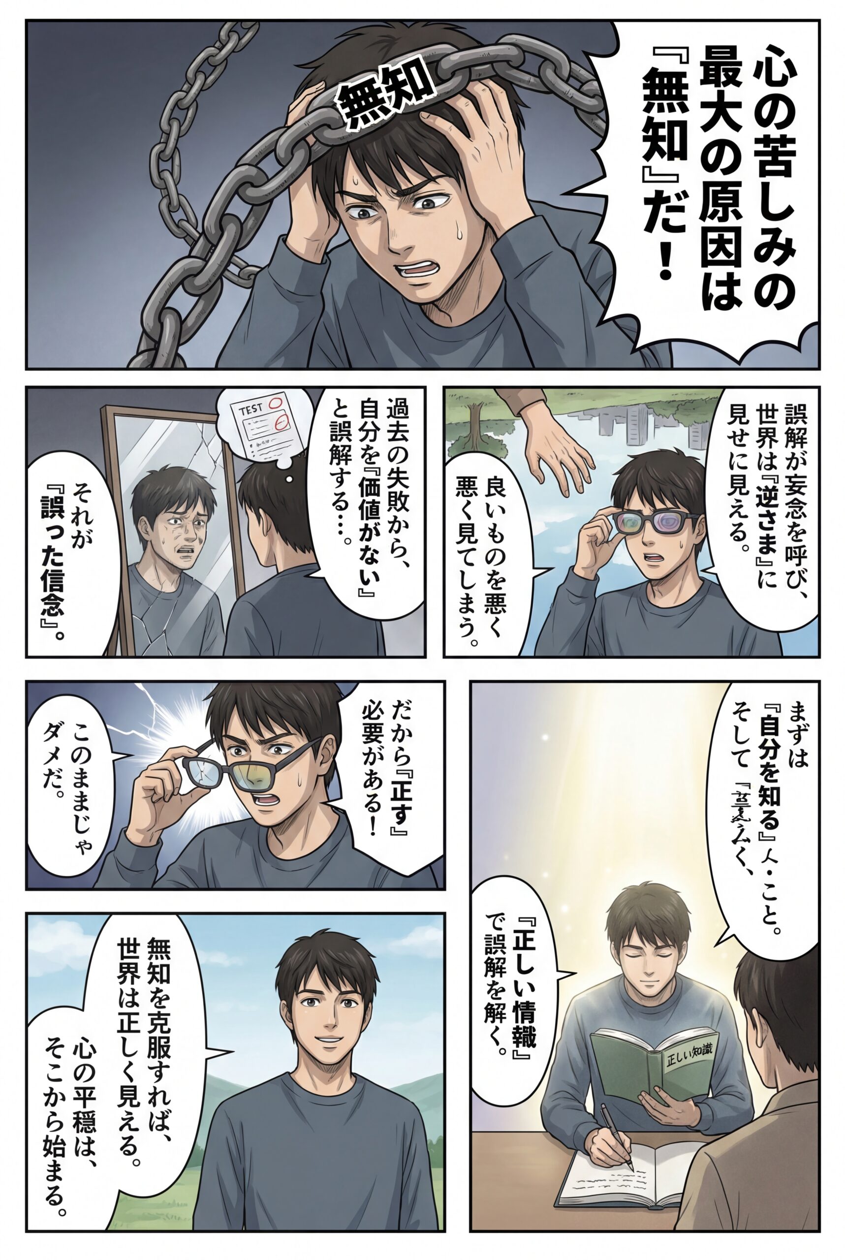 AIビジュアル：心の苦しみの最大の原因は「無知」です。