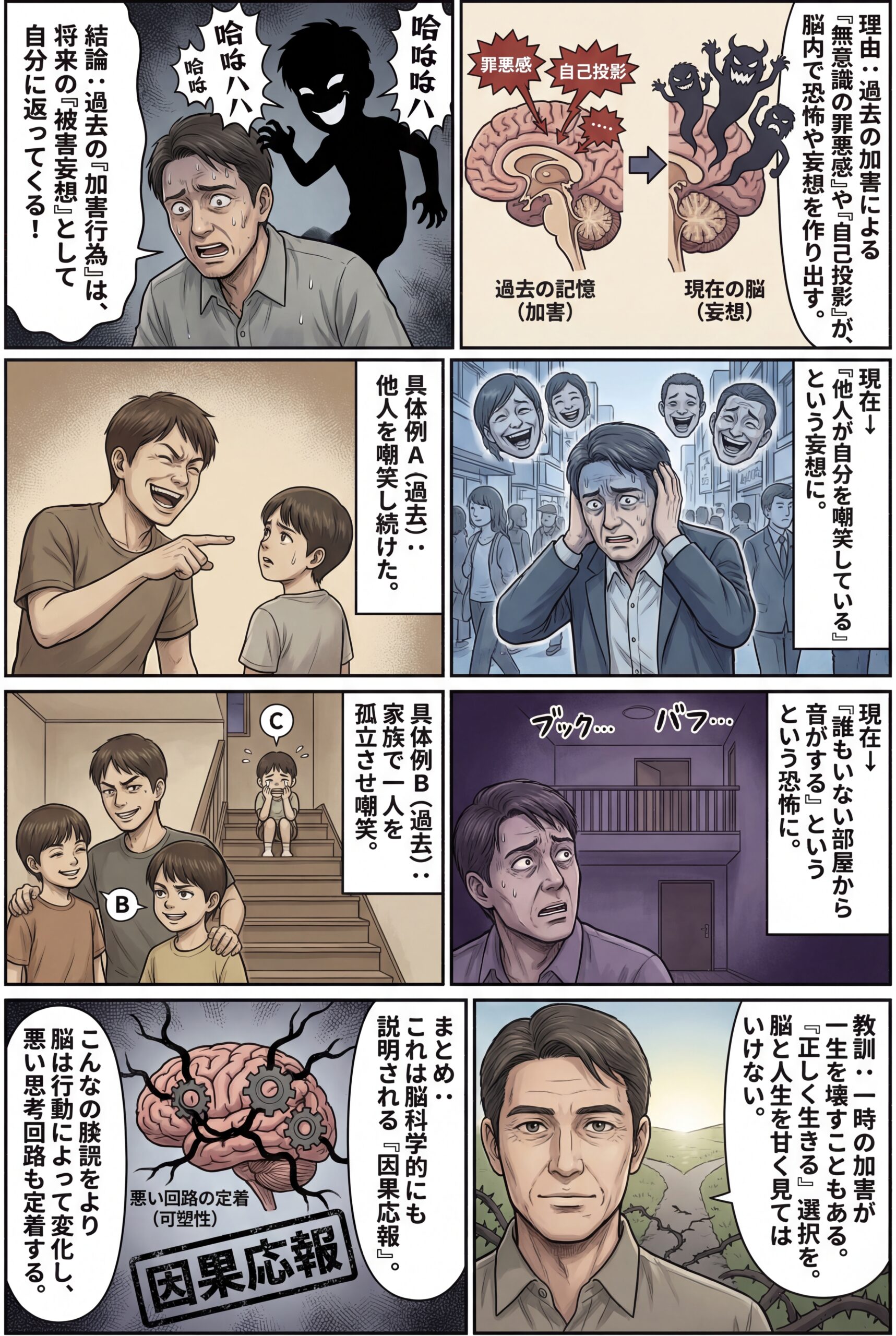 AIビジュアル：AさんとBさんの例：過去の加害行為から生まれた現在の被害妄想（パラノイア）