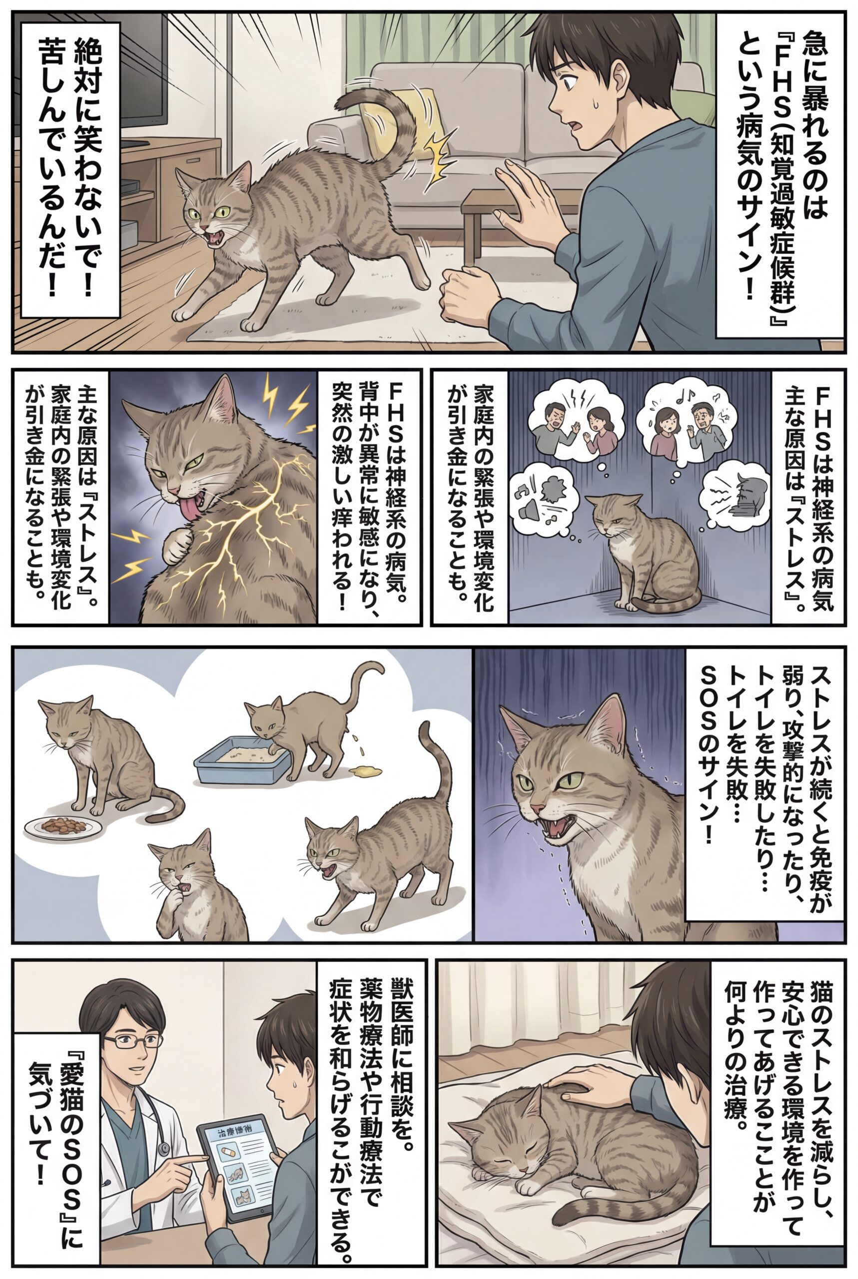 AIビジュアル：【ストレスを与えないで！】猫が急に走り回り、異常に体を舐め、噛み、背中がピクピク動いて落ち着きがなくなる状態：猫の知覚過敏症候群（フリーライン・ハイパーエステシア症候群・FHS）