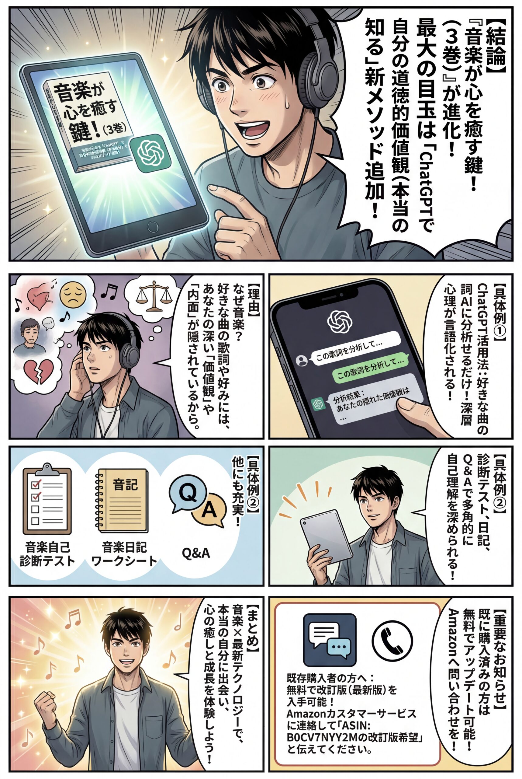 AIビジュアル:「音楽が心を癒す鍵!(3巻)」に新セクション追加!ChatGPTを活用した自己探求の方法を公開!