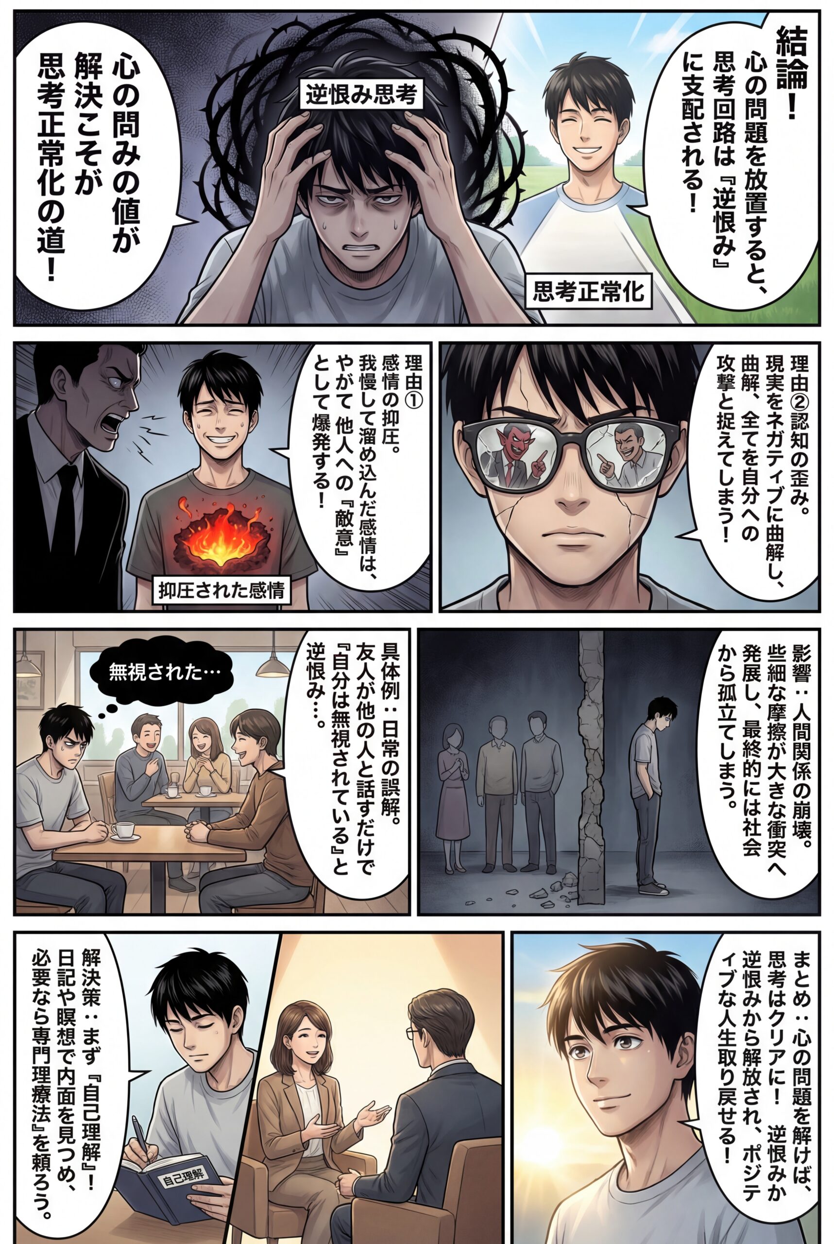 AIビジュアル：心の問題解決をして生きないと思考回路が逆恨み的になる理由：解くことと思考正常化