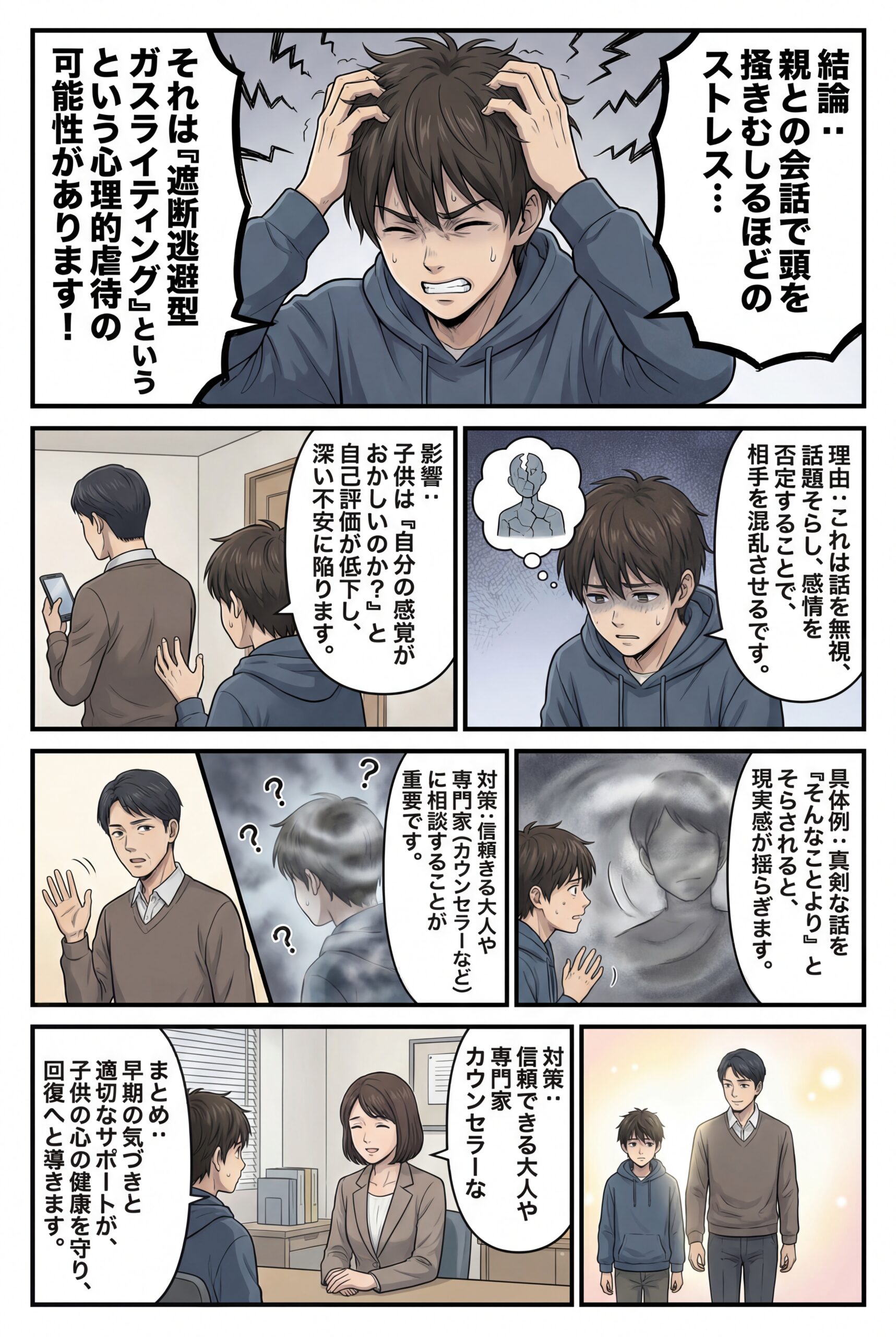AIビジュアル：親とのコミュニケーションで頭を掻きむしるほどのストレスを抱える子供：遮断逃避型ガスライティングの可能性