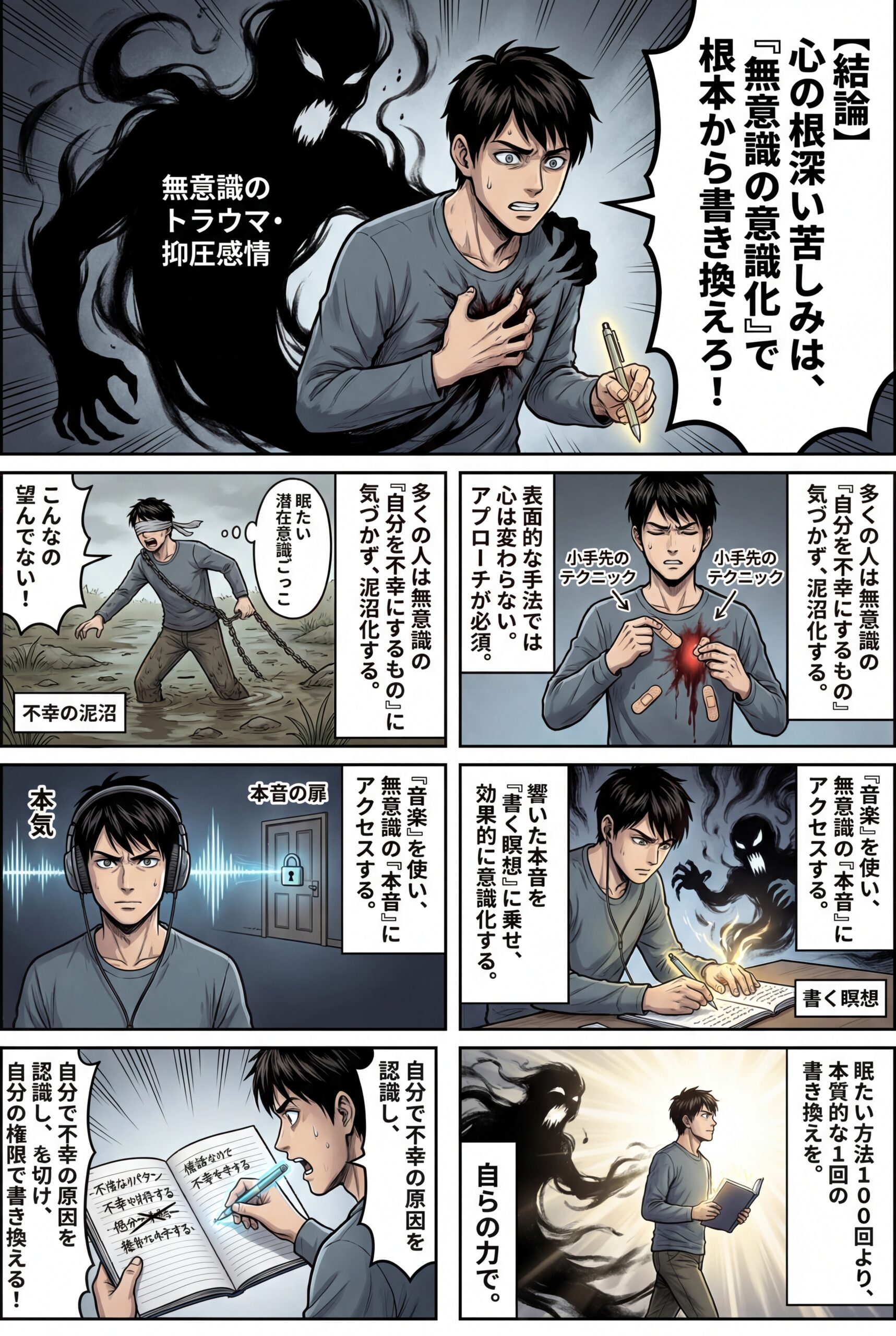 AIビジュアル：心の問題や根深い苦しみを抱えている人が自分の無意識を意識化することが必要な理由：眠たい潜在意識の書き換えごっこを１０００回やるよりも、１回で書き換えてしまえ！