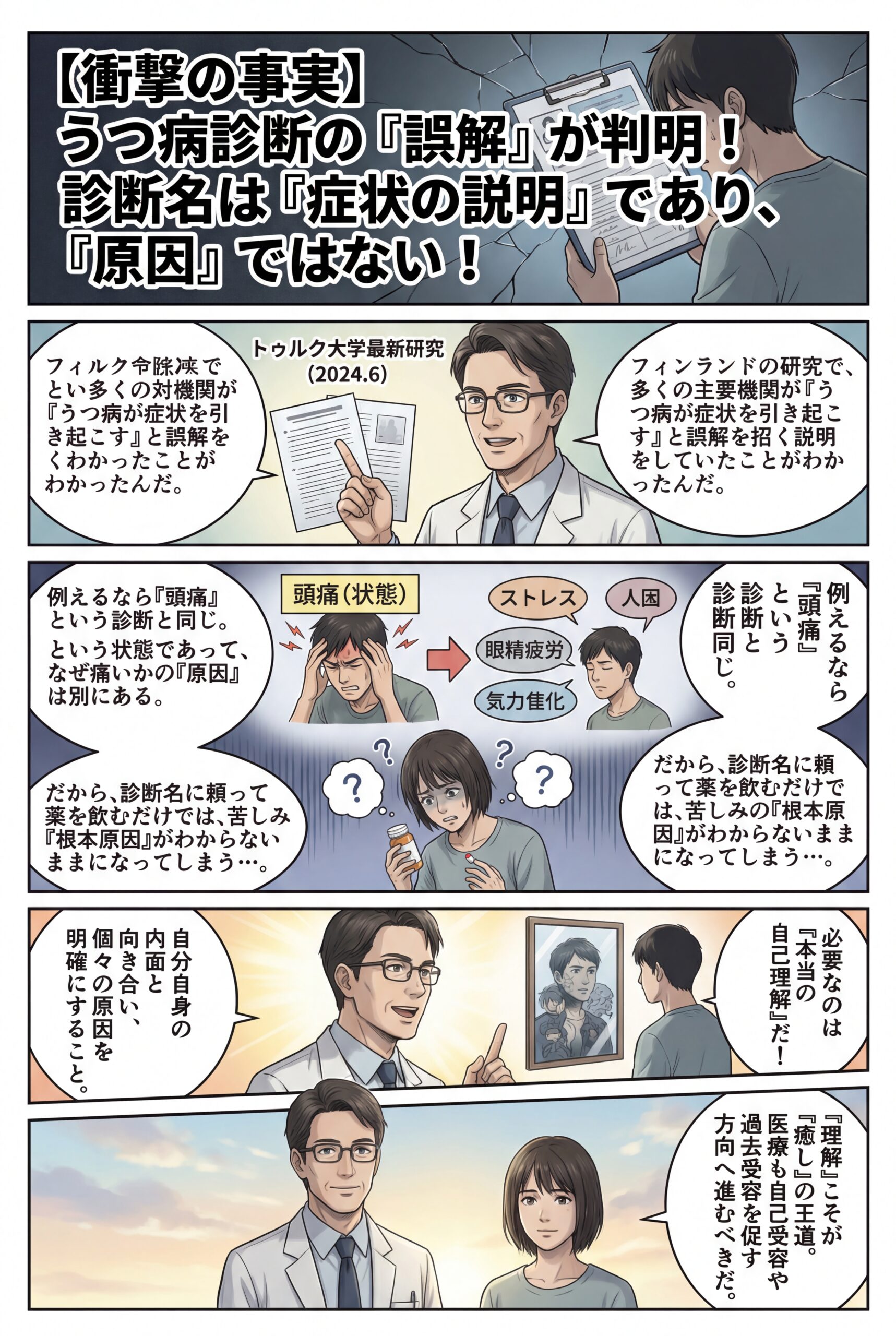 AIビジュアル：【フィンランド】トゥルク大学の最新研究（2024年6月28日）で判明！うつ病に関する誤解が明らかに！うつ病の診断は「理解＝癒し」の観点では役に立たない。何度も言うけど「自己理解」が必要なのです！