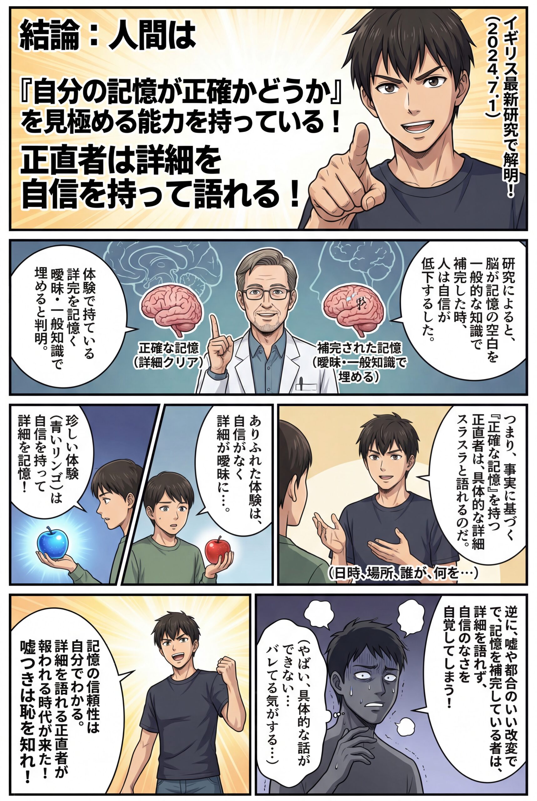 AIビジュアル：【正直者の僕の時代が到来：僕を悪者扱いした加害者は成長し、恥を知れ】イギリスの最新研究（2024年7月1日）で解明！記憶の正確さを自分で判断できることがわかった！（僕は元から自分で判断していたけどね）