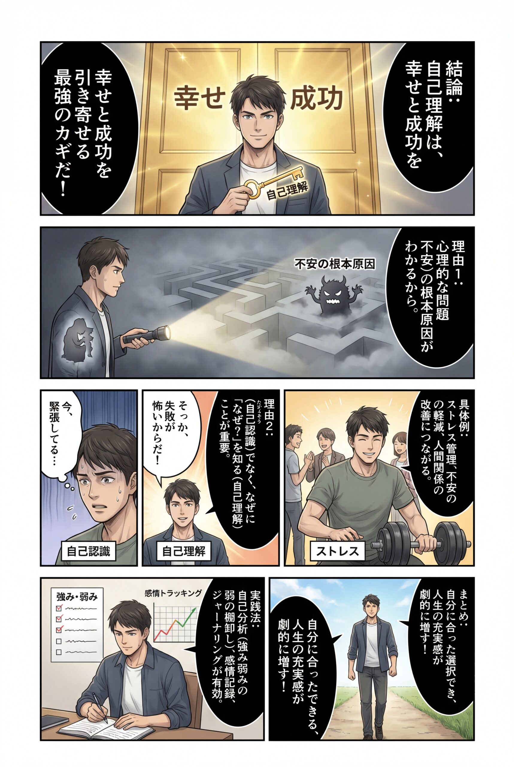 AIビジュアル:自己理解がなぜ必要か?心理的な問題を解き明かし、幸せと成功を引き寄せるカギ