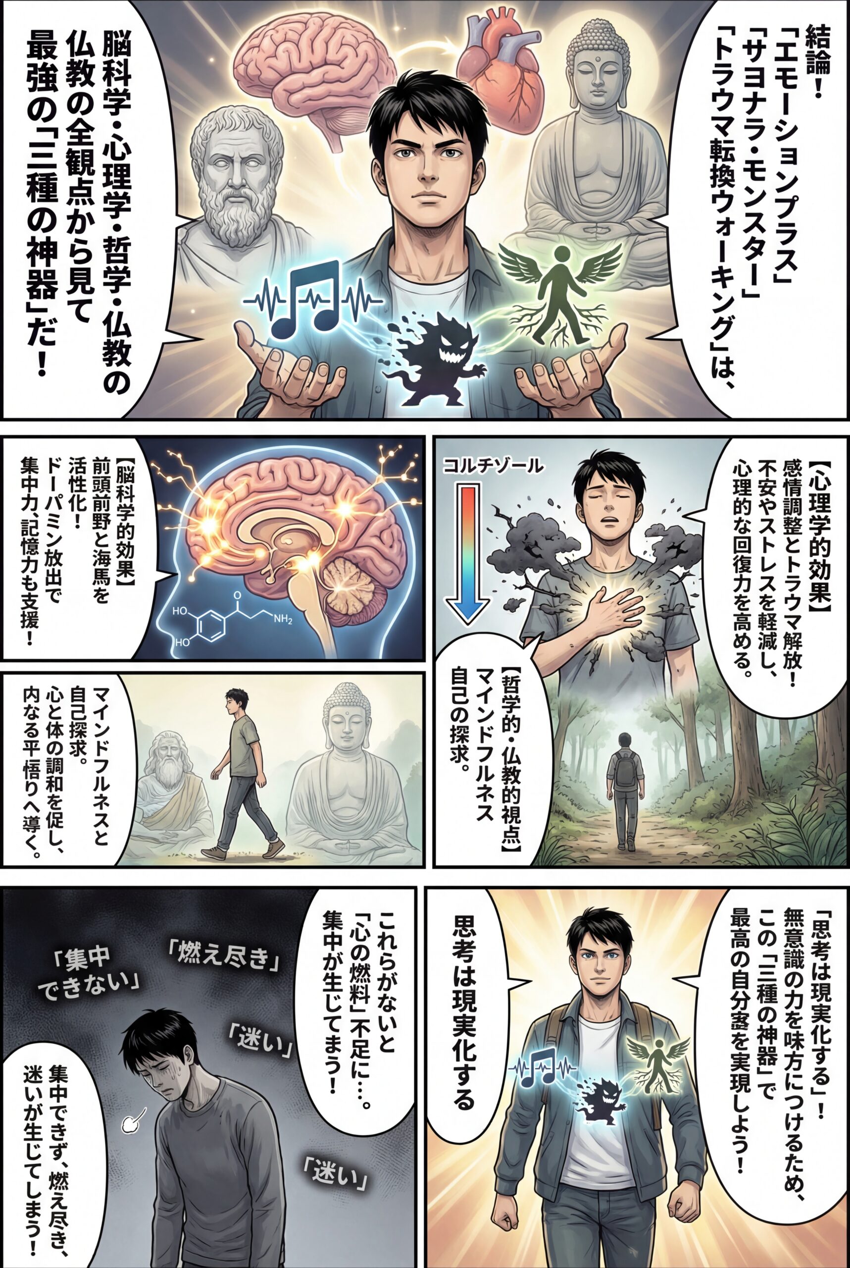 AIビジュアル:「エモーションプラス」、「サヨナラ・モンスター」、「トラウマ転換ウォーキング」の3つの方法は、脳科学的、心理学的、哲学的、仏教的な観点から見ても非常に高い効果が期待できる方法