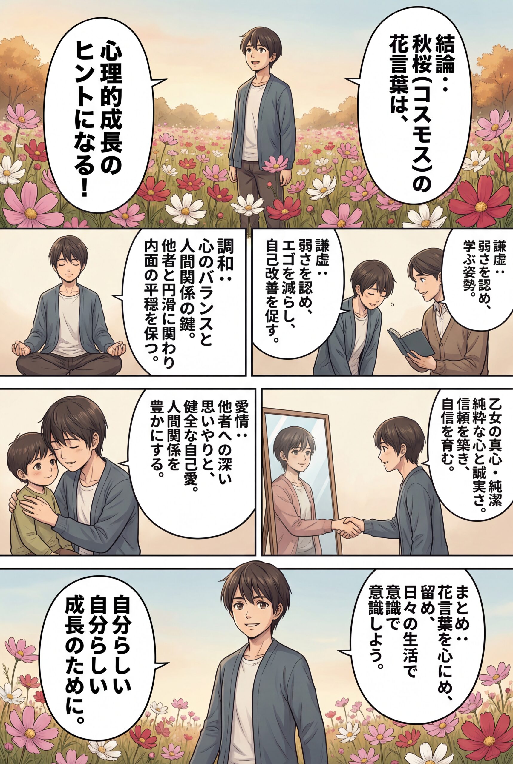 AIビジュアル：秋桜（コスモス）の花言葉から学ぶ心理的成長のヒント：秋桜が綺麗に咲き始めました。