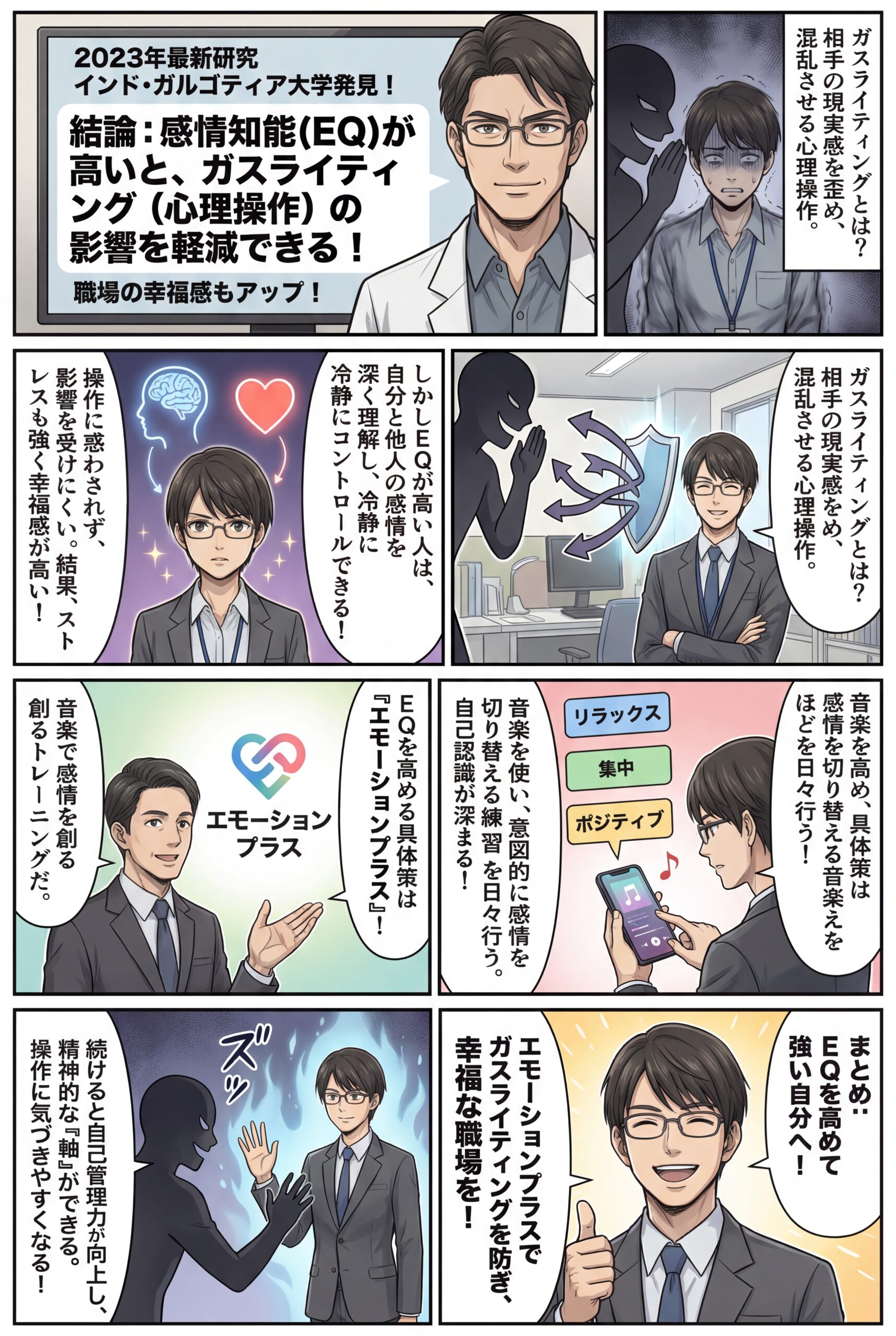 AIビジュアル：インドの著名大学が発見！最新研究（2023年7月）で感情知能（EI・EQ）がガスライティングの影響を軽減！エモーションプラスをやろう！