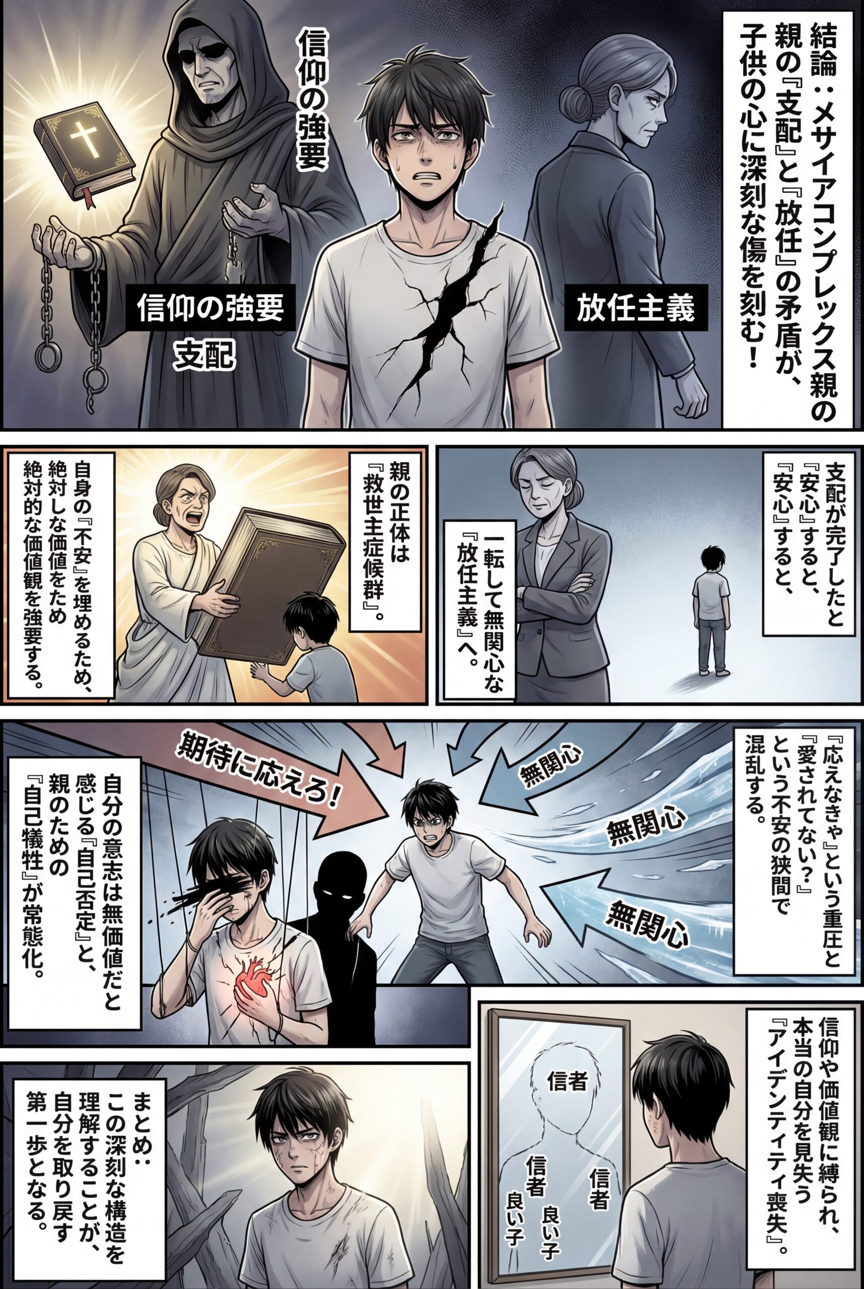 AIビジュアル：メサイアコンプレックスを持つ親の矛盾：信仰の強要、支配、放任主義が子供に与える深刻な心理的影響