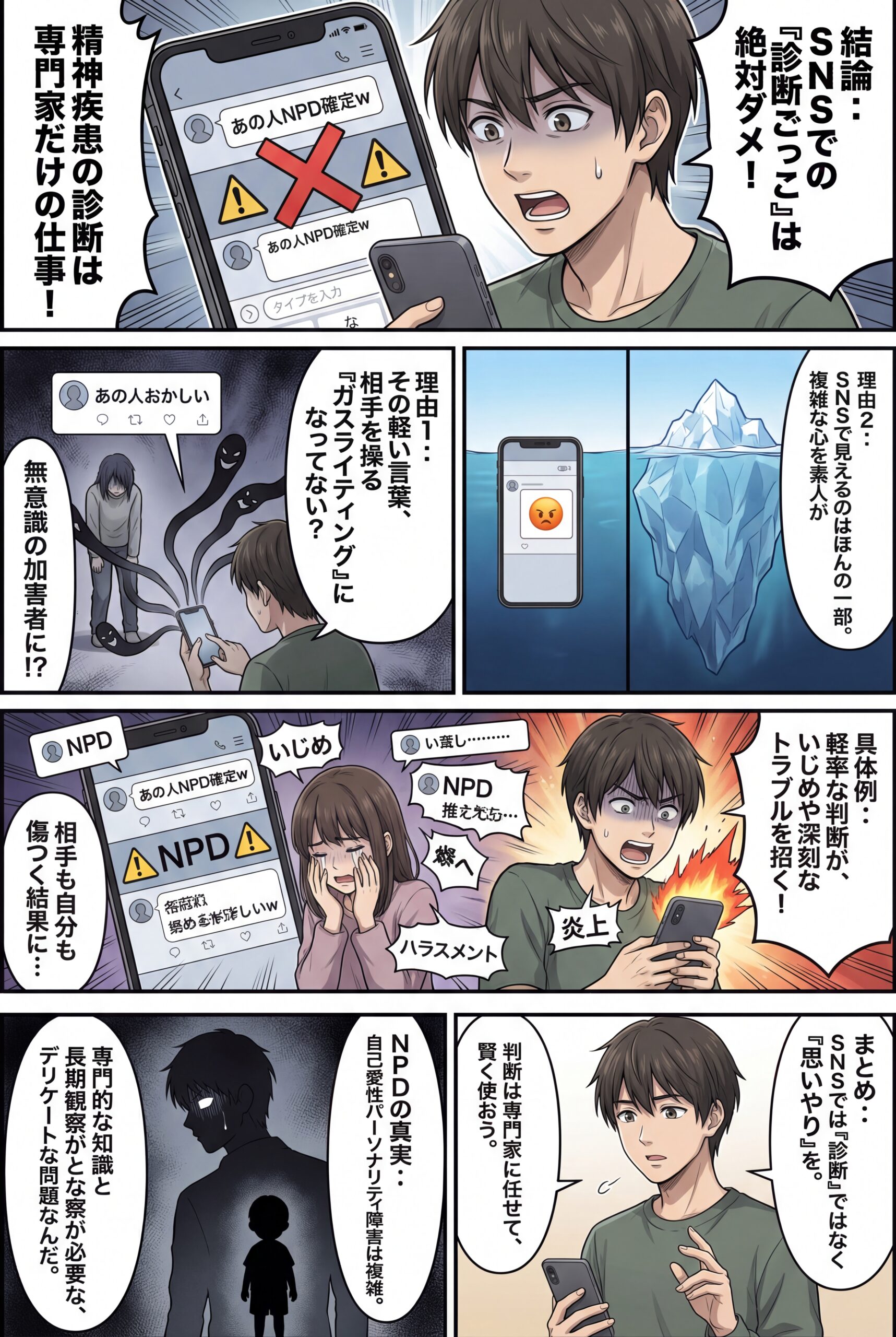 AIビジュアル：SNSでの診断ごっこが招く危険性：自己愛性パーソナリティ障害を軽率に決めつけるリスクとその影響について（ガスライティングの可能性も！？）