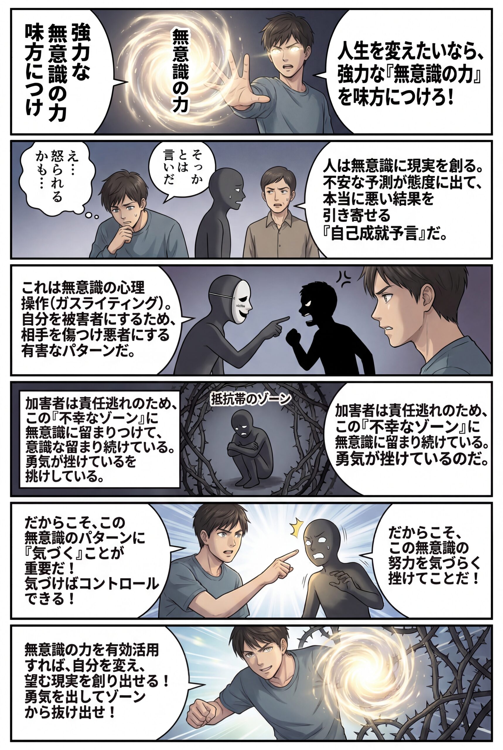 AIビジュアル:変わりたいのなら無意識の力を使え!心理的な抵抗帯のゾーンから抜け出せ!ガスライティング加害者は勇気が挫けてゾーンに留まってる者!