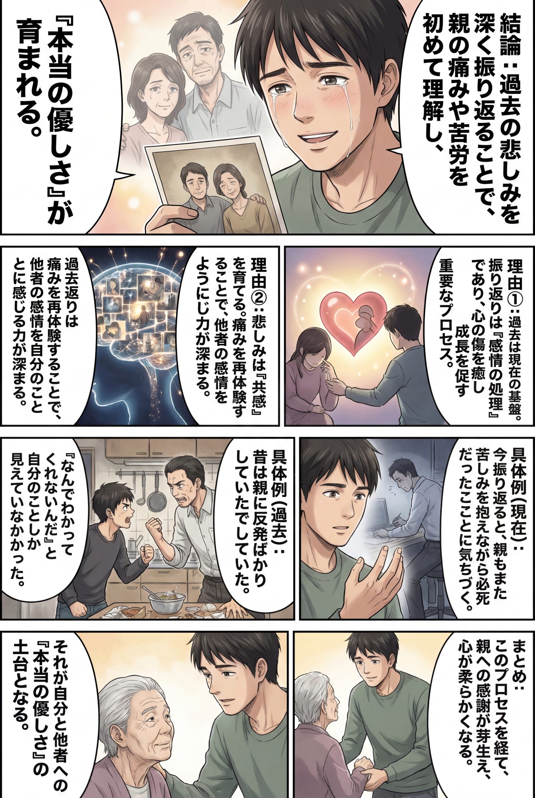 AIビジュアル：過去を振り返り、悲しみを深めることで育まれる優しさの理由：親が感じていた痛みや苦労を初めて理解することができる