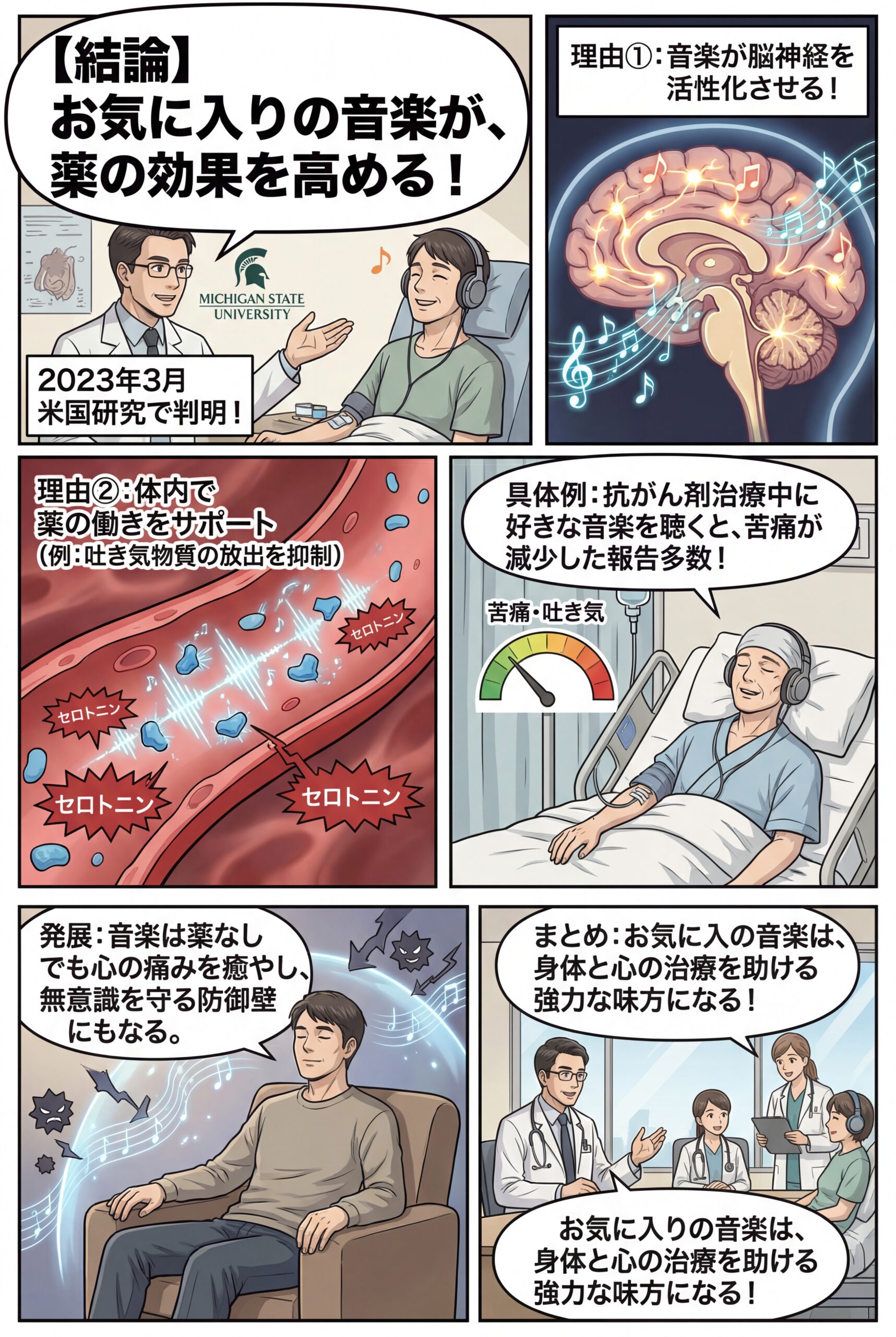 AIビジュアル：【米国研究】ミシガン州立大学の新発見！お気に入りの音楽が薬の効果を高める！