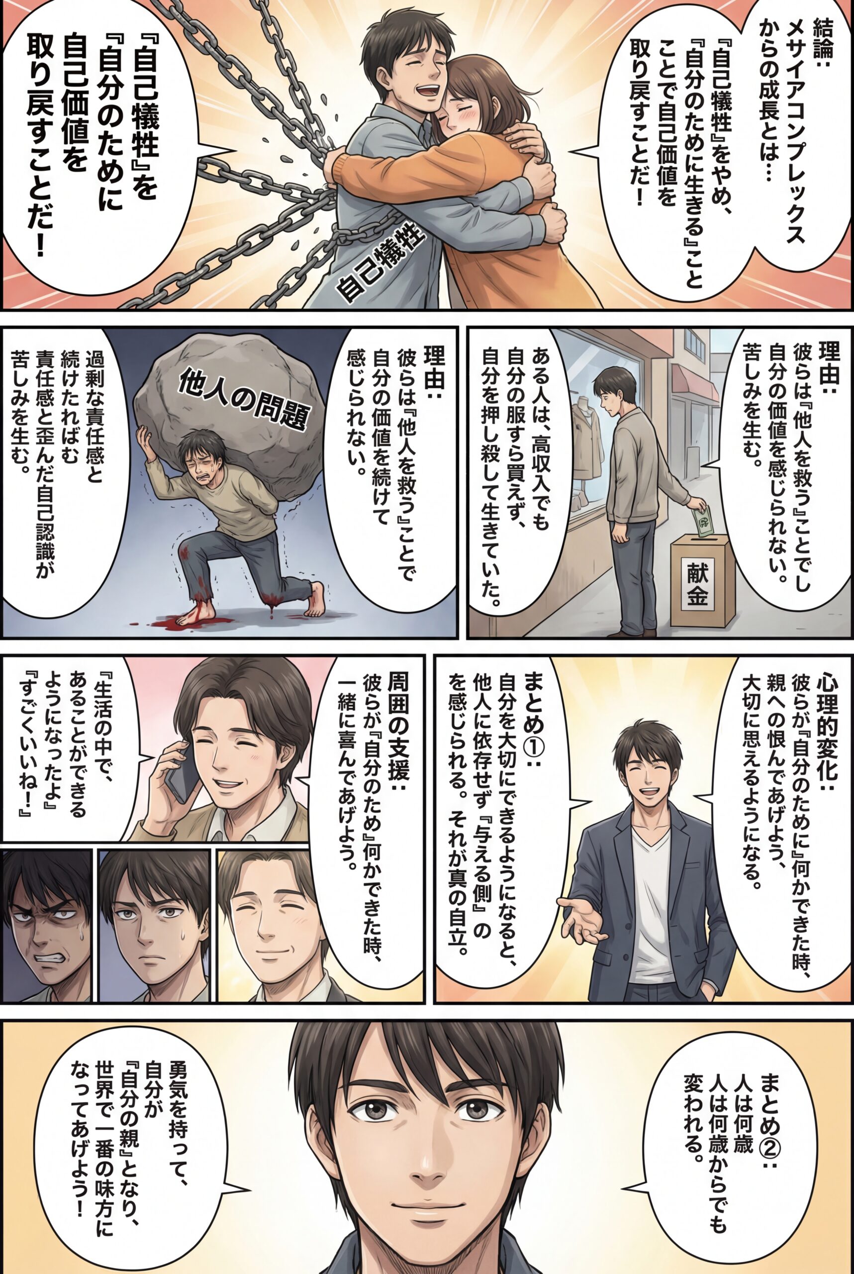 AIビジュアル：メサイアコンプレックスの持ち主の心理的成長！（自分を褒めることができるように）