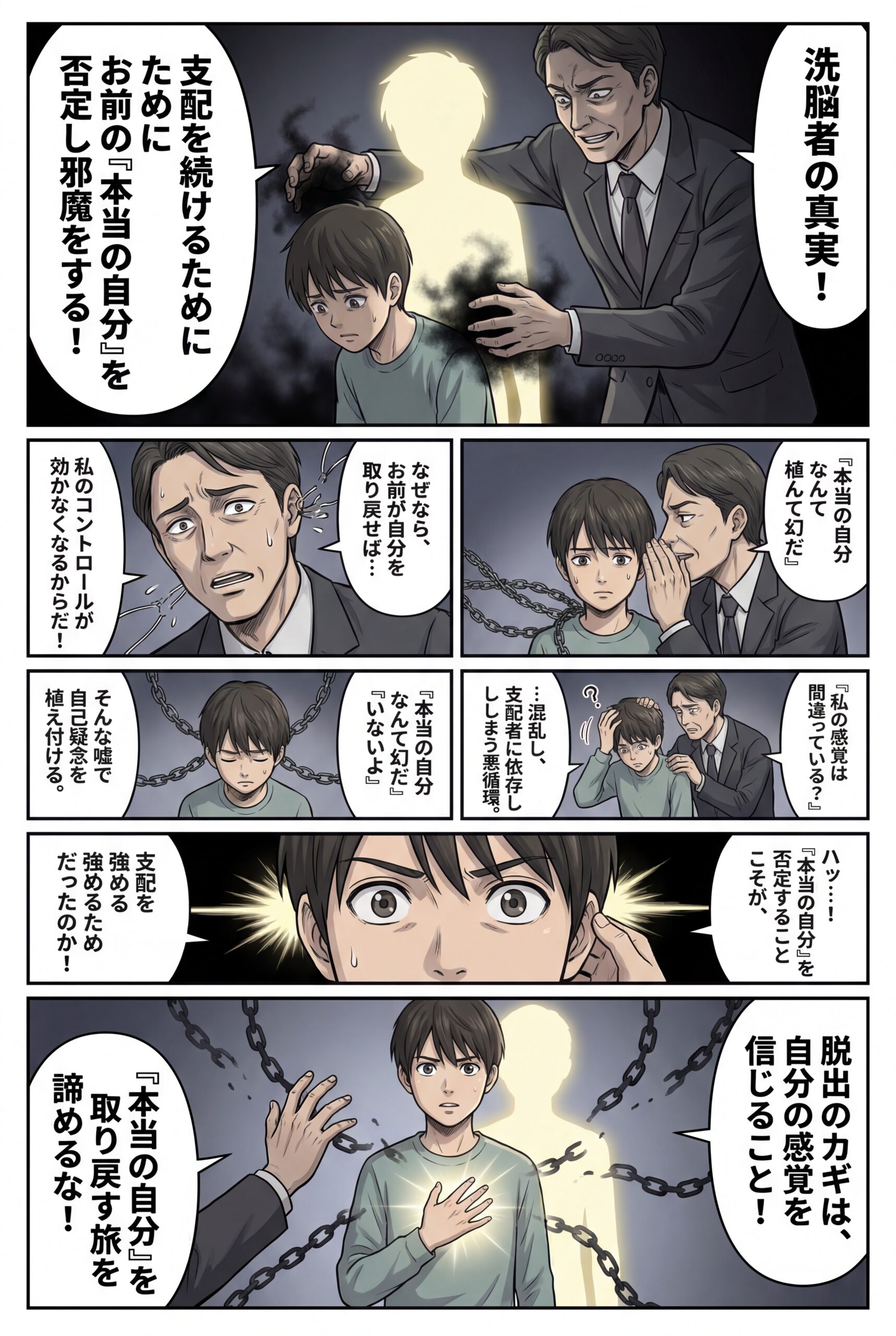 AIビジュアル：本当の自分なんて幻だと信じ込ませる洗脳者の真実！自由を奪う心理操作から脱出するためのカギとは？