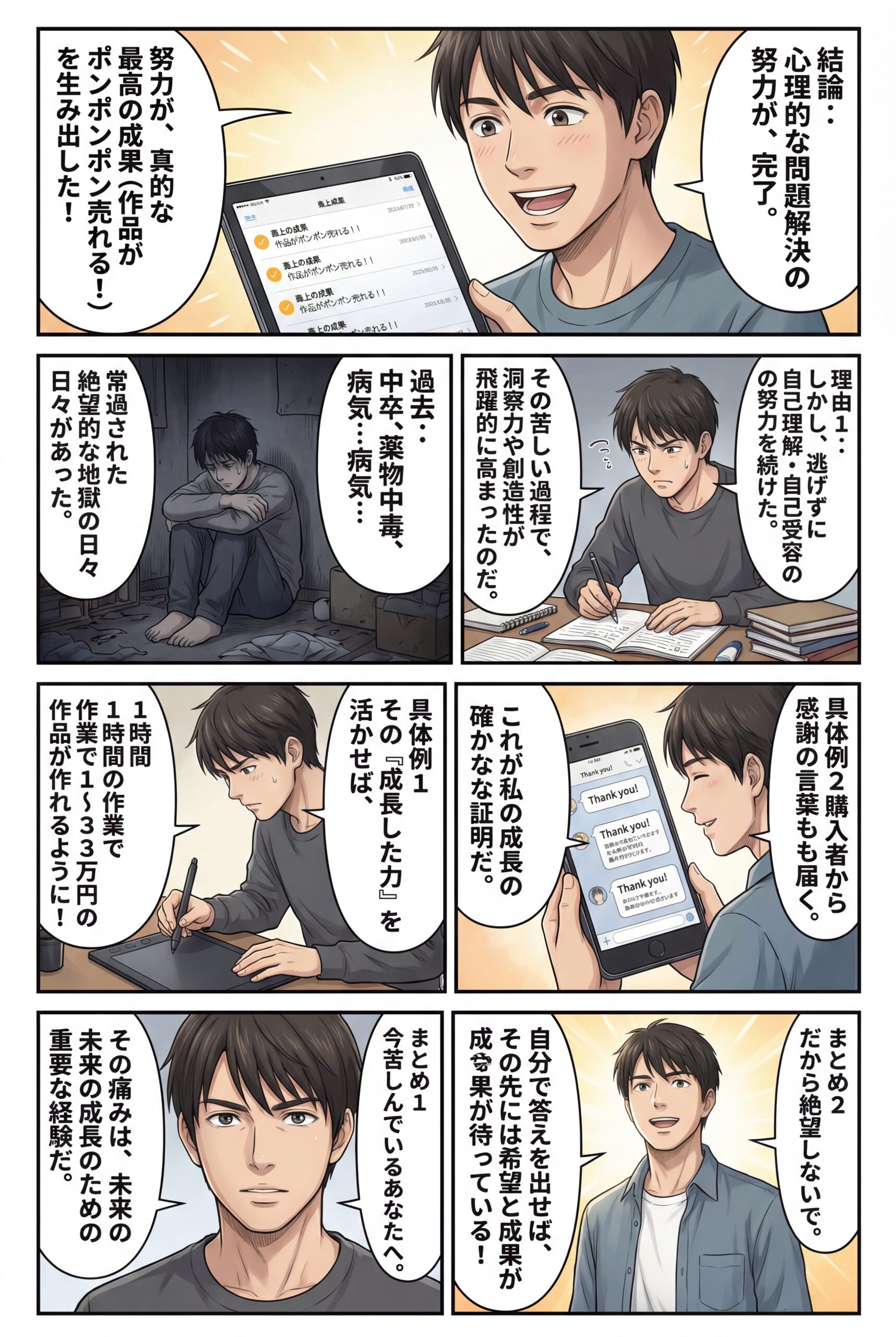 AIビジュアル：自分の作品がポンポン売れる。嬉しいな。心理的な努力をして、心の問題解決をして本当に良かった。