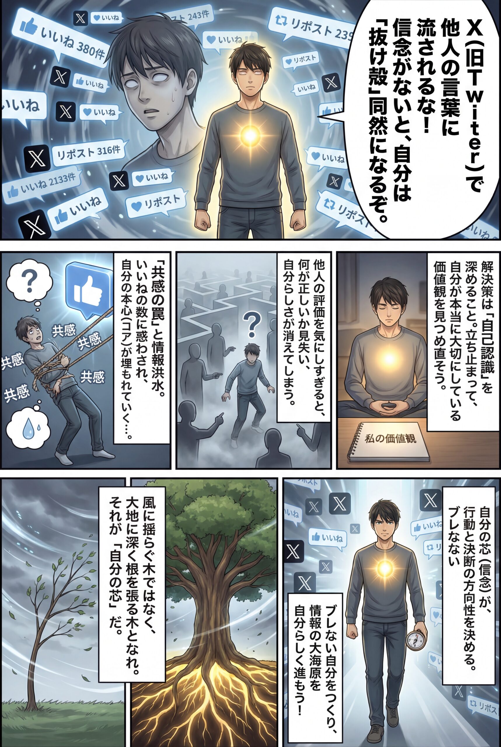 AIビジュアル:X(旧Twitter)で他人の言葉にすぐ左右される人たちへ ─『流されるな、自分の芯を持て』心を揺さぶる名言と行動指南