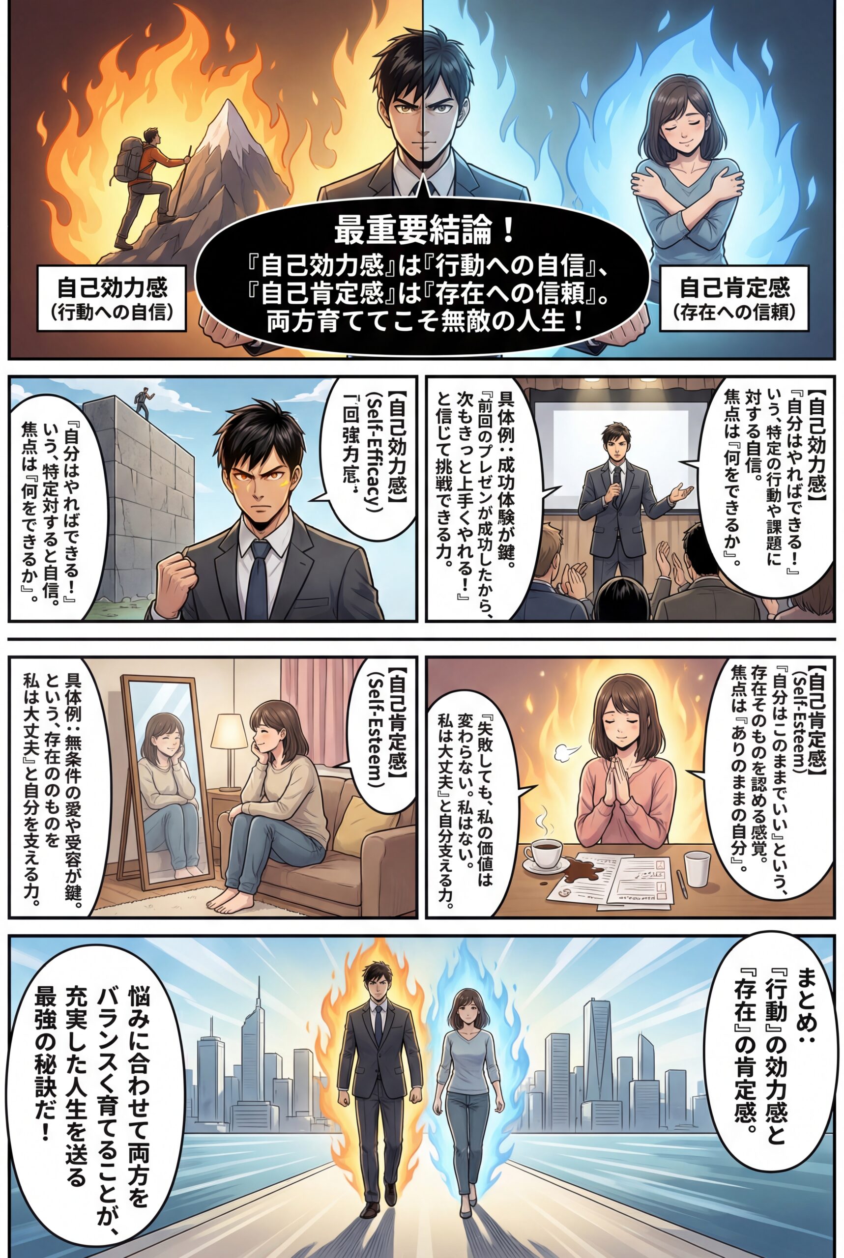 AIビジュアル：「自己効力感」と「自己肯定感」の違いとは？その意味と育て方を徹底解説！