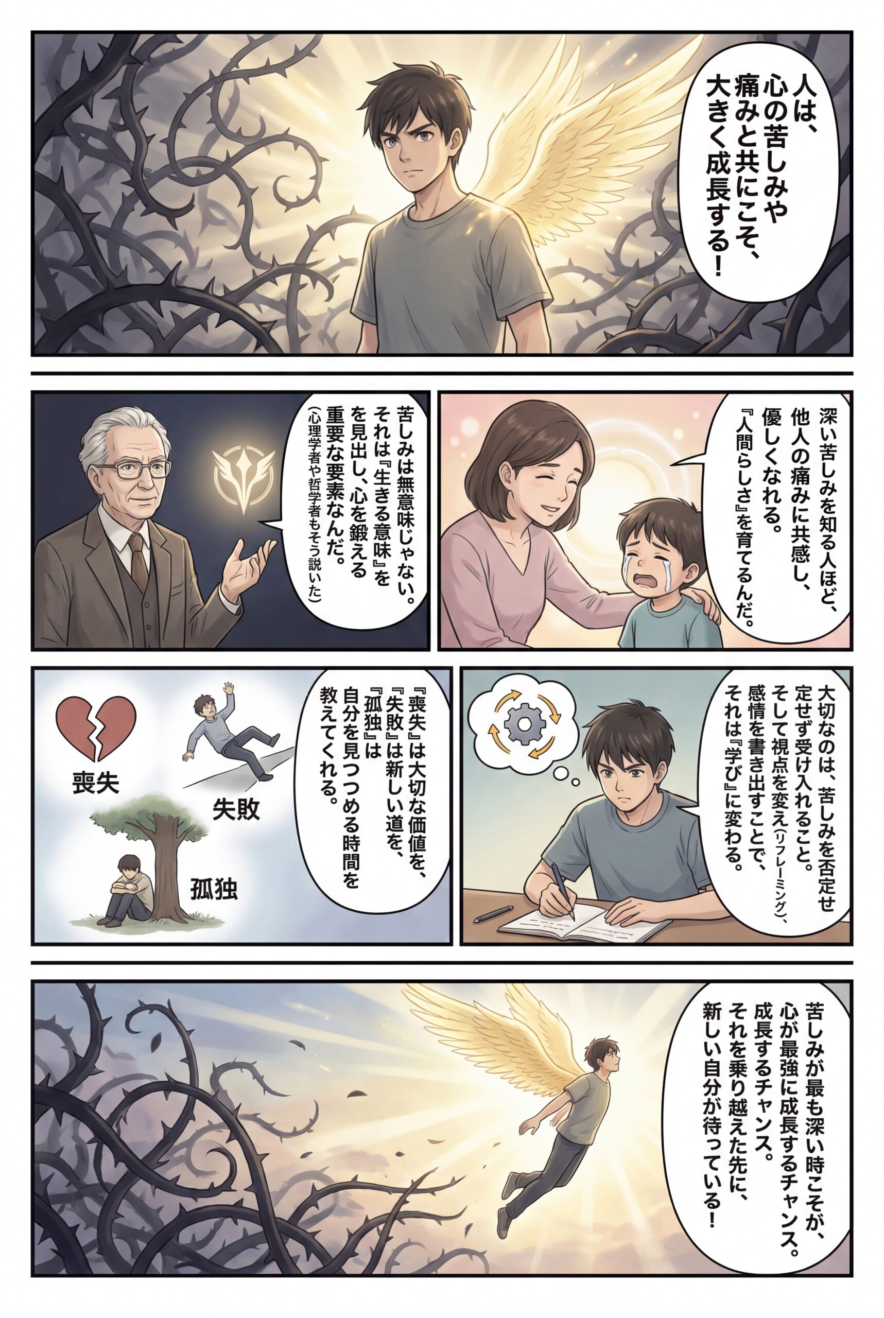 AIビジュアル：「人は、心の苦しみや心の痛みと共に大きく成長する」──心理学と実例が語る人生の逆転劇