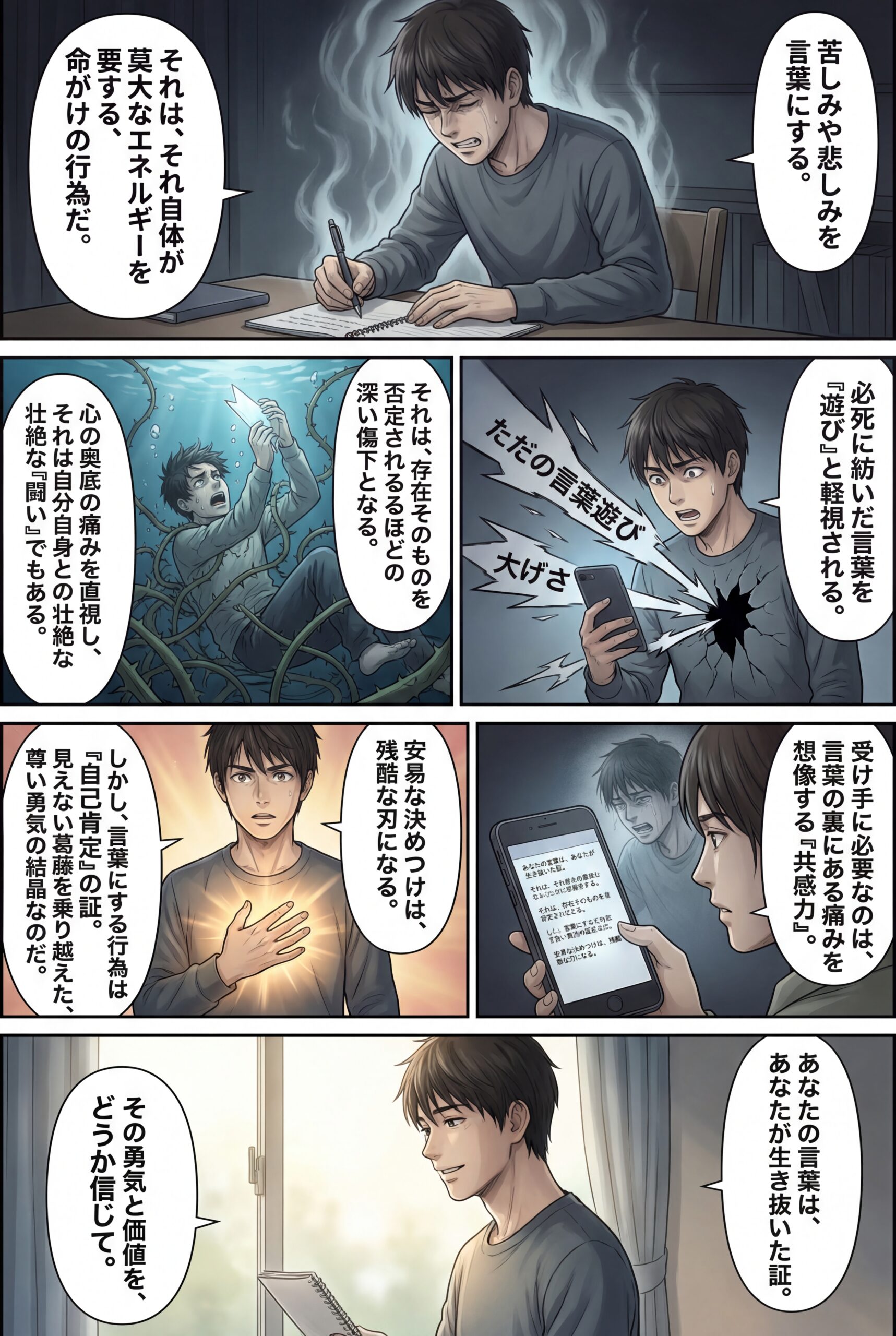 AIビジュアル：苦しみや悲しみを言葉にするのは、それ自体が大きなエネルギーを必要とする行為