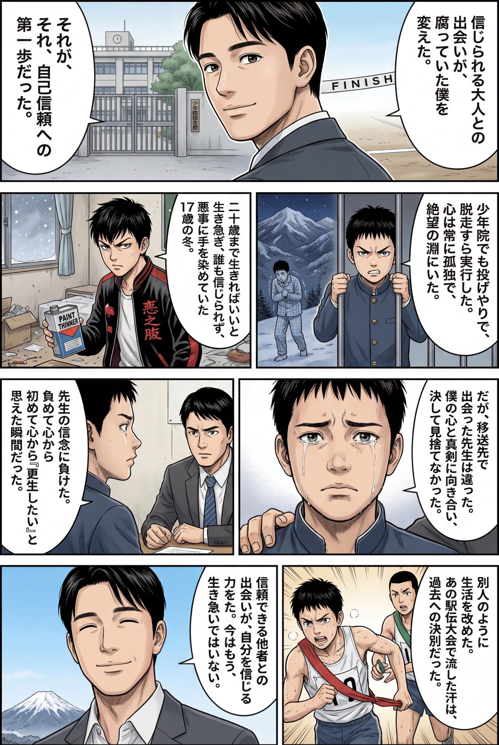 AIビジュアル:子供時代の思い出――少年院の駅伝大会。そして安らかな死と自己信頼。