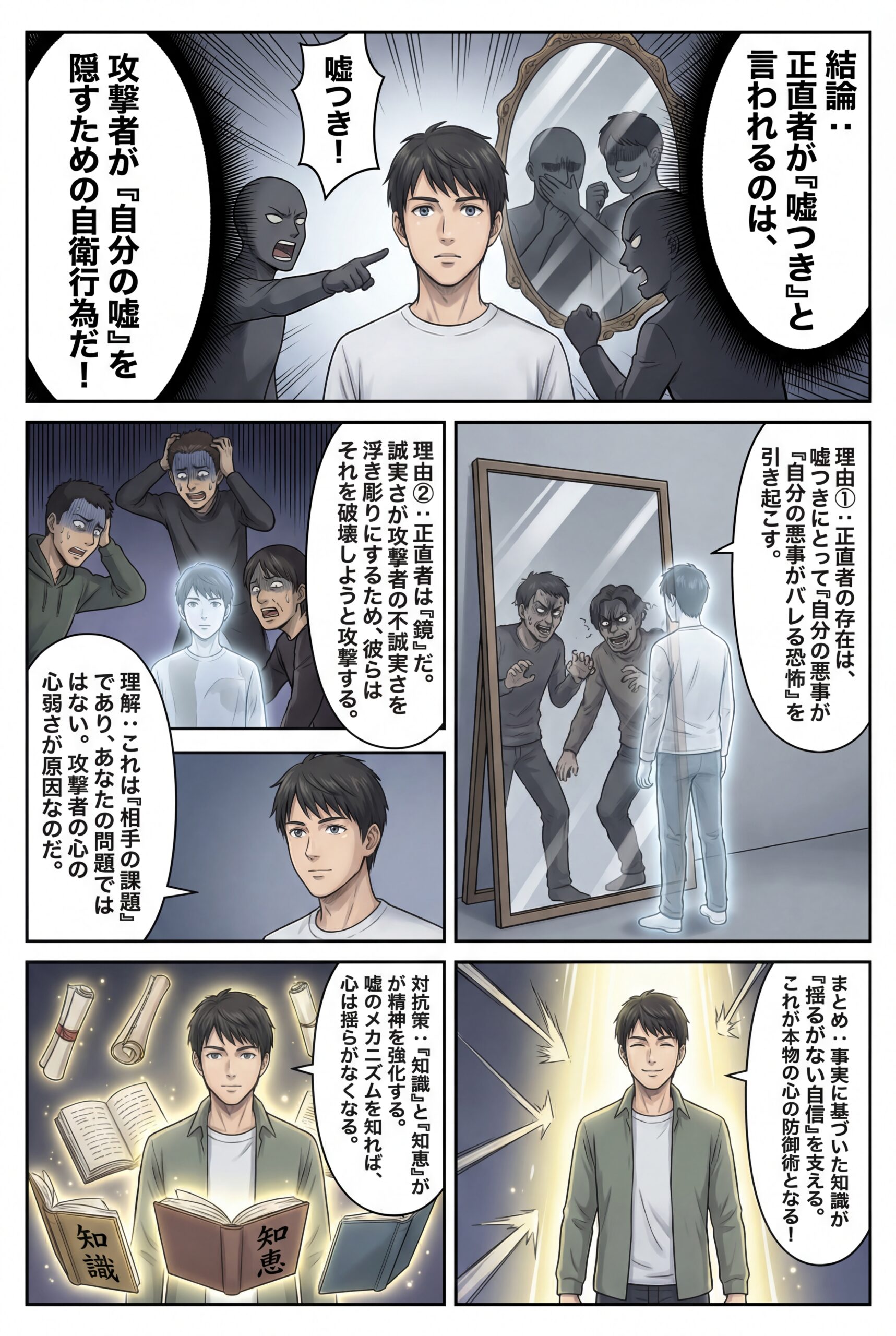 AIビジュアル：【苦しんでいる正直者たちへ】正直者が「嘘つき」と言われる理由とは？— 攻撃者の心理と対抗するための心の防御術