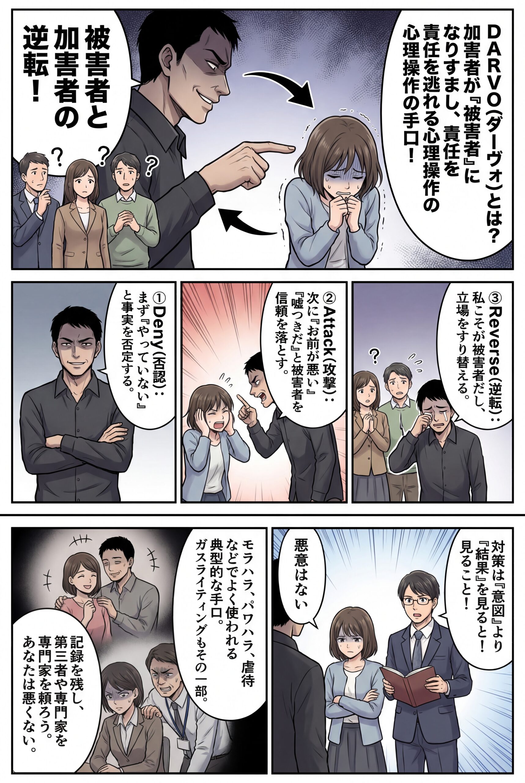 AIビジュアル：DARVOとは？あなたの周りに被害者と加害者の逆転を目論む者はいませんか？