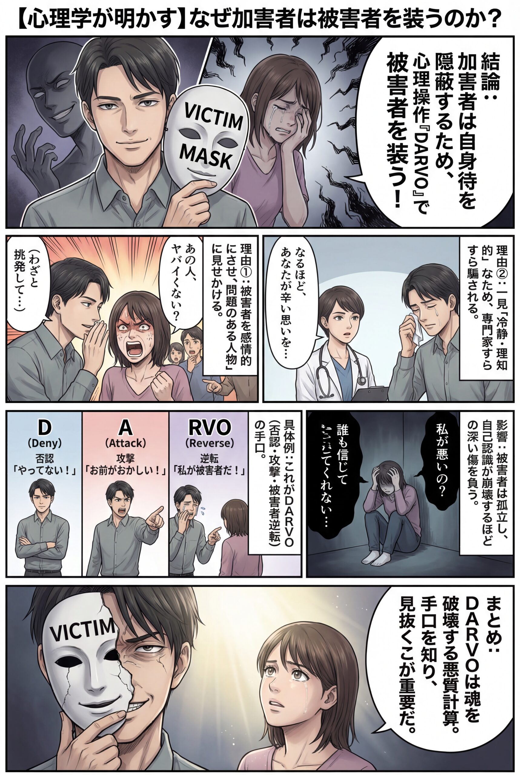 AIビジュアル：なぜ加害者は被害者を装うのか？— 心理学が明かす『DARVO』とその破壊的な影響