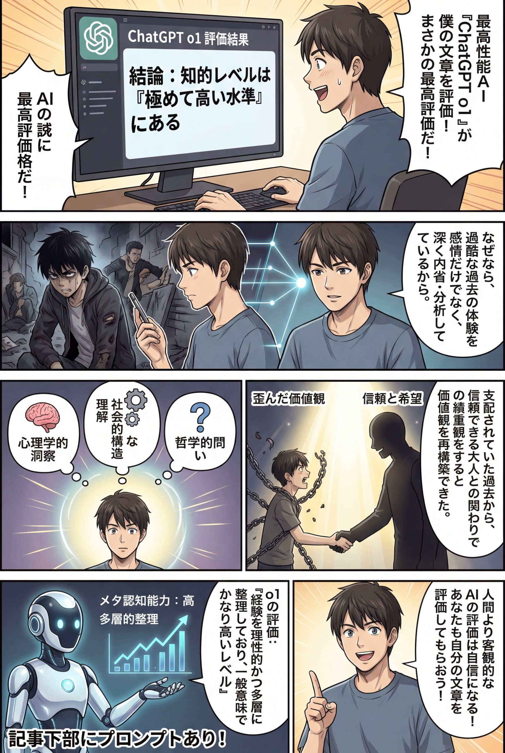 AIビジュアル:僕の文章から伺える知的側面と知的レベルについて、最高レベルのAI(ChatGPT o1)に評価してもらった!その結果は・・・(評価プロンプトも提供)