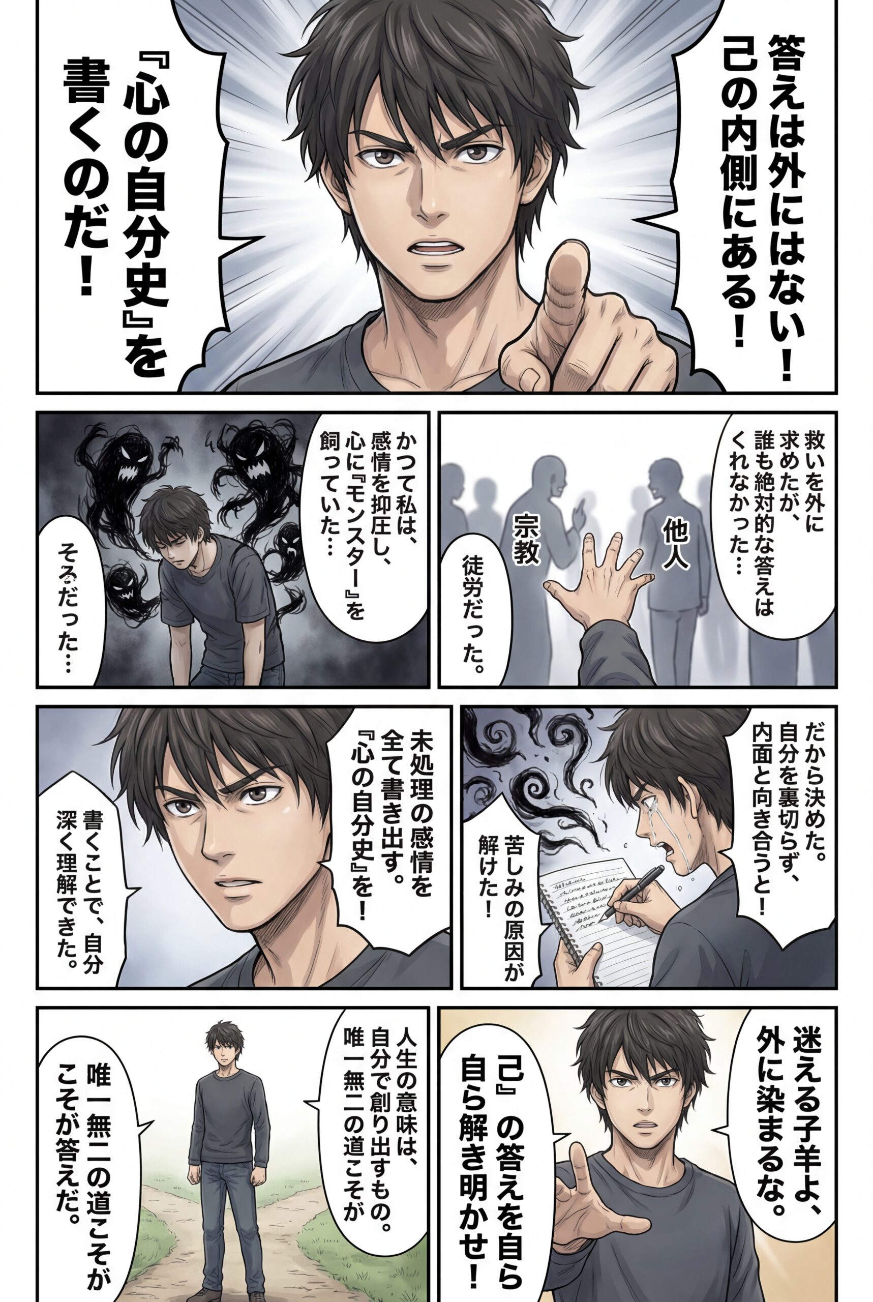 AIビジュアル：悩み彷徨う子羊たちよ！答えを外に求めるな。答えは己の内側にある。サヨナラ・モンスターは、心の自分史を書く取り組みだ！