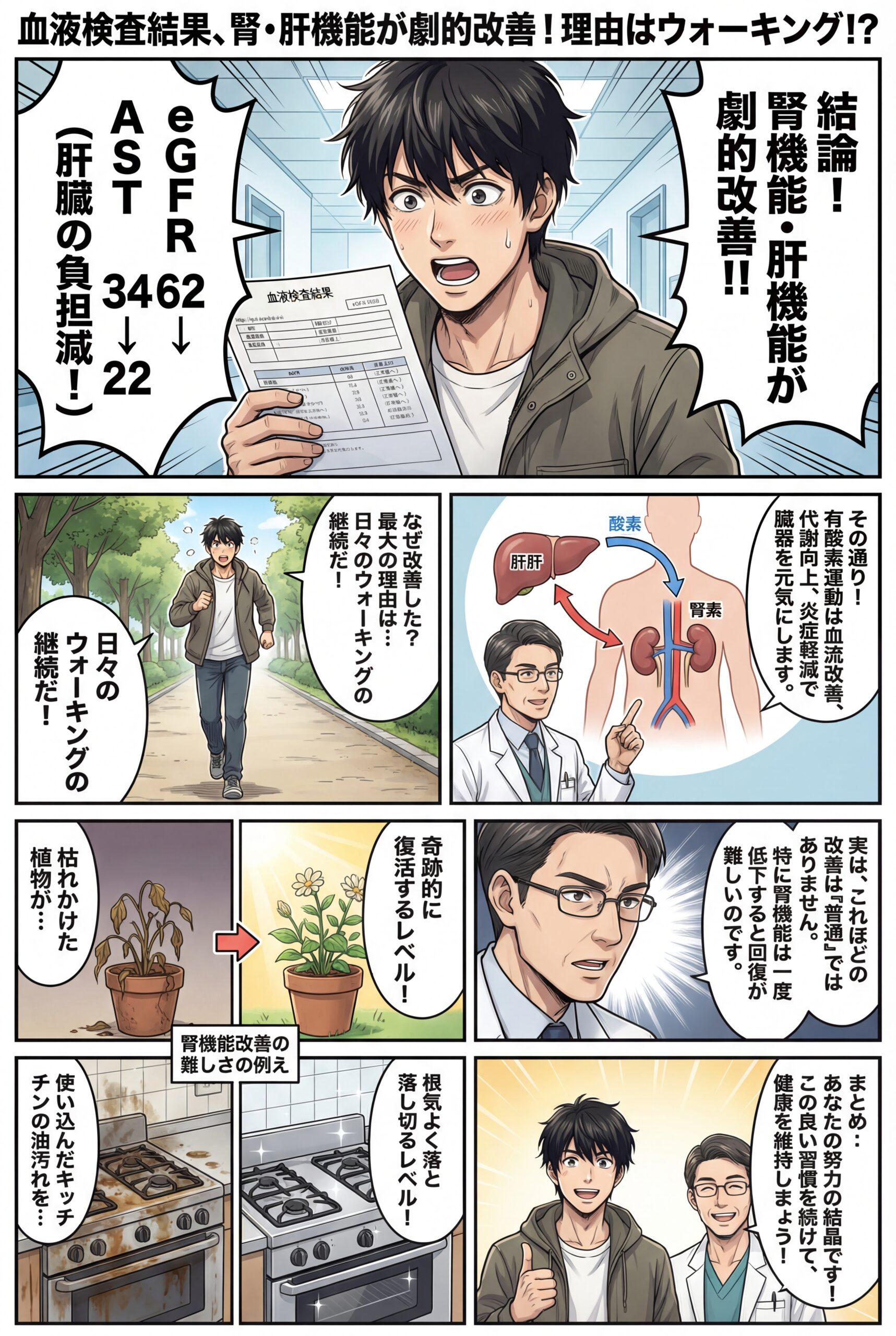 AIビジュアル：血液検査の結果、腎機能と肝機能の数値が改善！（eGFR62→70.9）（AST34→22）改善理由はウォーキングか？