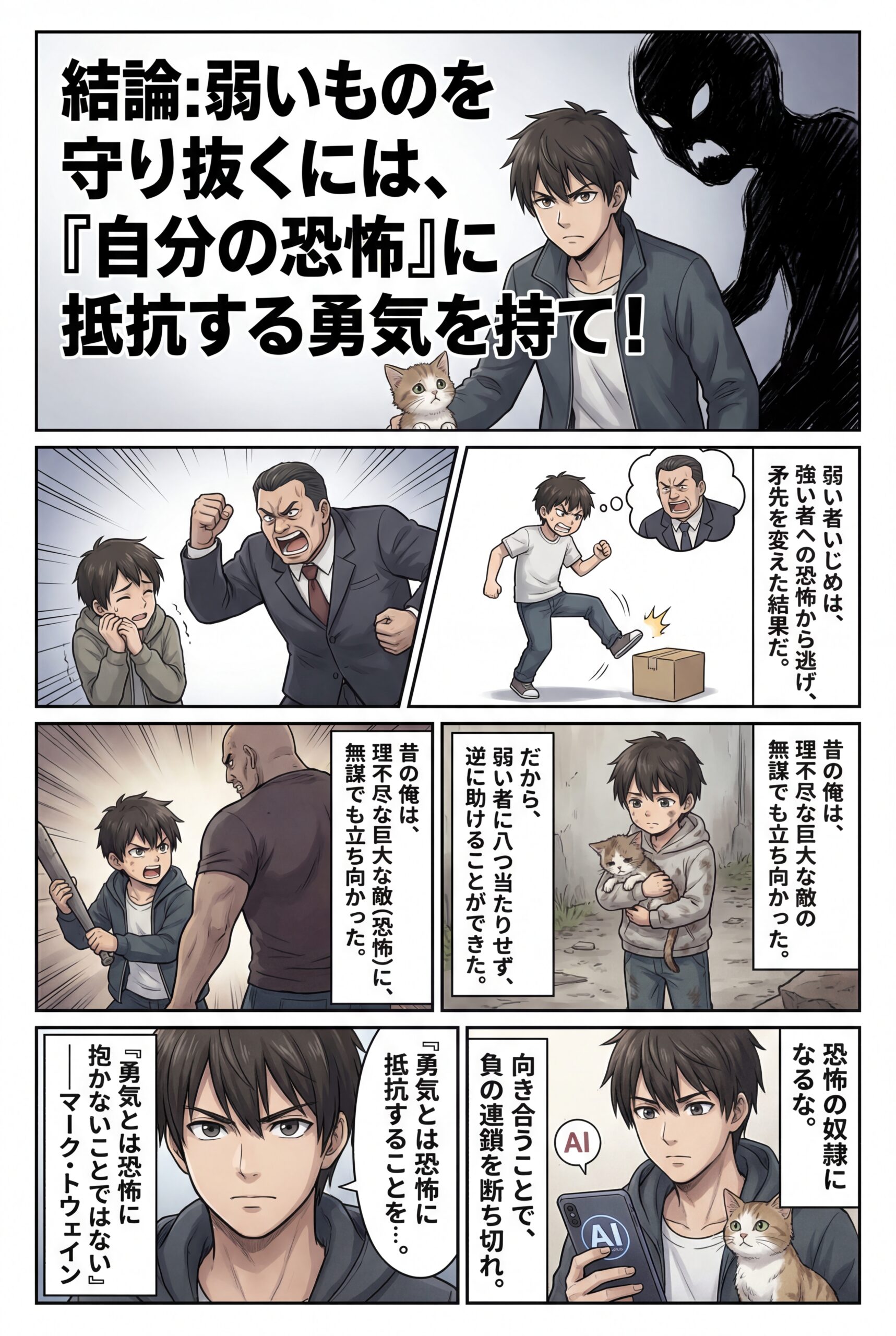 AIビジュアル：どうか、猫と、そして自分を守るために、自分の恐怖に抵抗する勇気を持ってください。チャンネル「涙語り – AIが紡ぐ感動ストーリー」作成