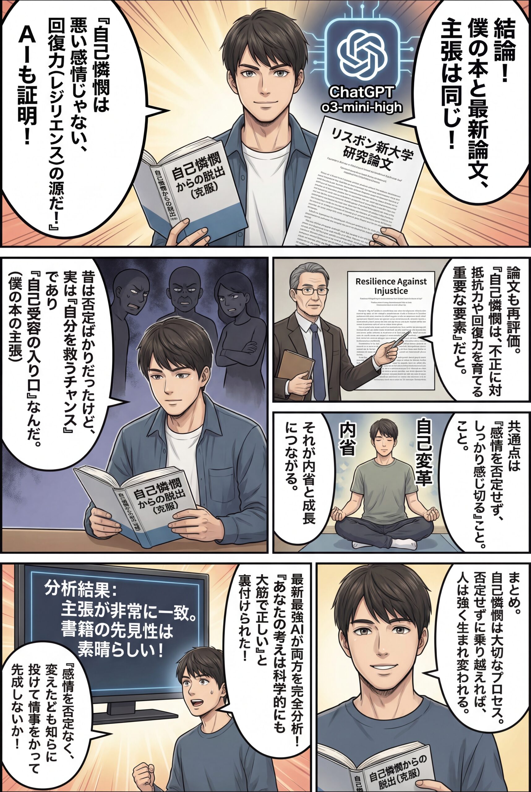 AIビジュアル：僕の書籍「自己憐憫からの脱出（克服）」とリスボン新大学の研究論文（不正に対する回復力としての自己憐憫）を、最新最高モデル「ChatGPT o3-mini-high」が分析！