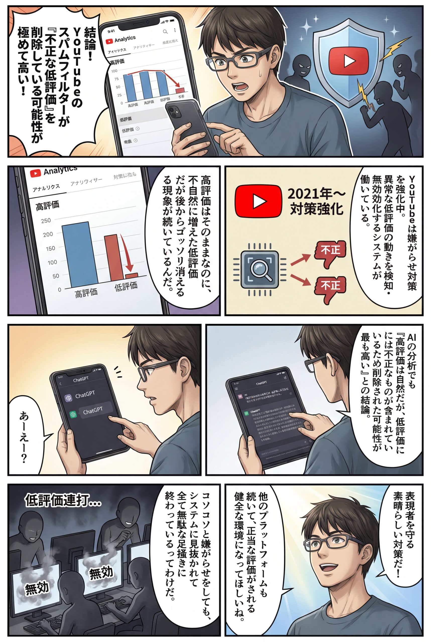 AIビジュアル：もしかして、YouTubeのスパムフィルターが不正な低評価を削除してくれている？〜 通じない中で頑張る加害者 〜