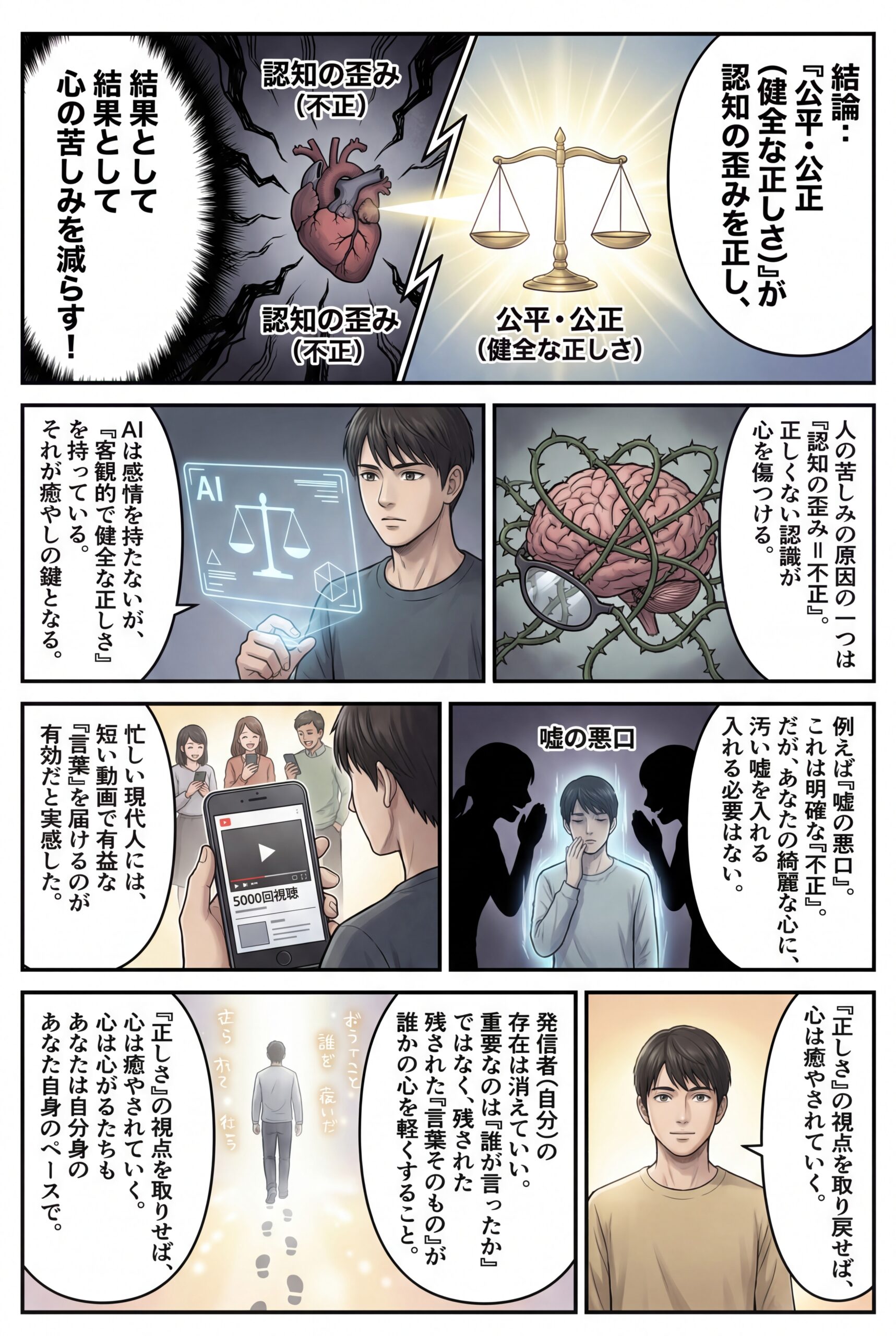 AIビジュアル：「公平」と「公正」が歪みを正し、結果として苦しみを減らす！【1日で5000回視聴】昨日投稿したショート動画「嘘の悪口を言いふらす人：大丈夫。あなたの綺麗な心に、汚い嘘は入り込みません。」