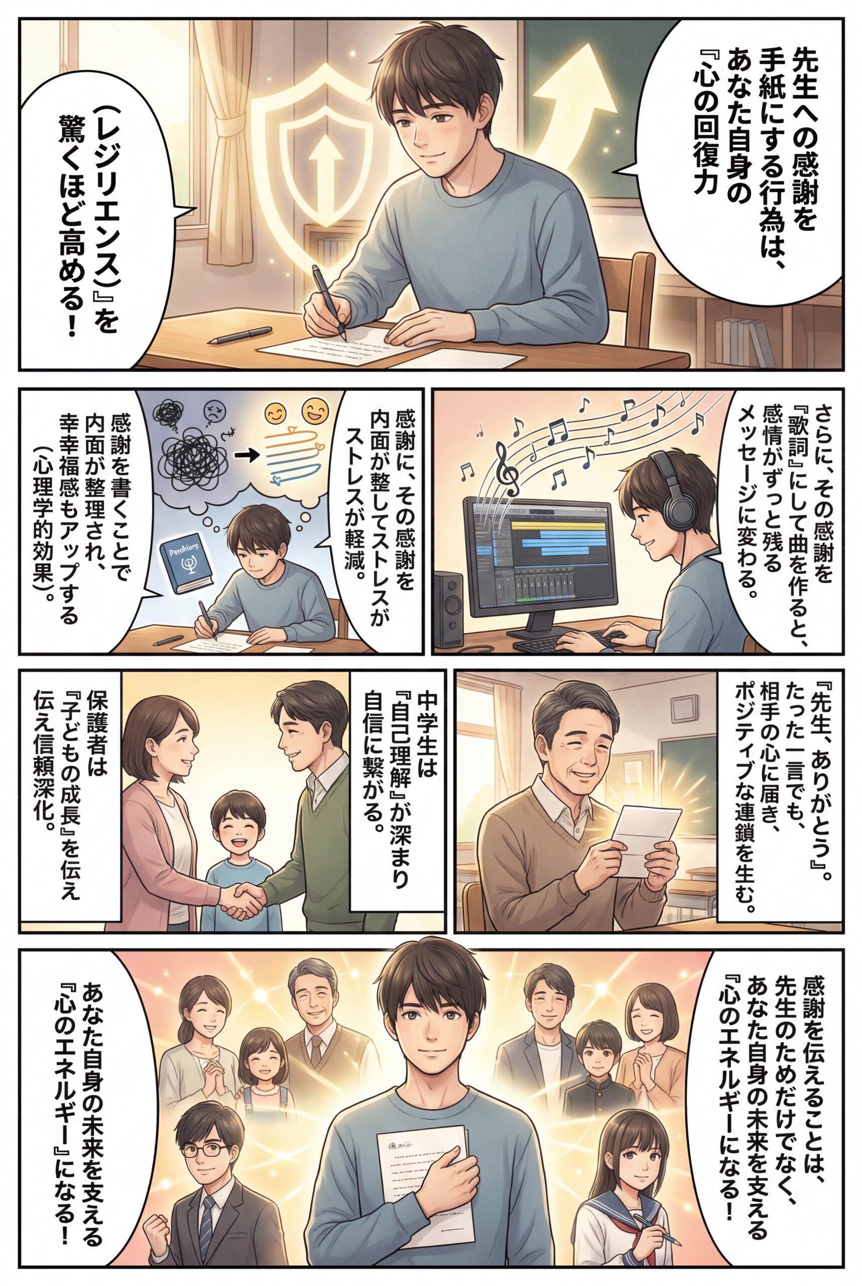 AIビジュアル：【必見】先生への感謝の手紙 – レジリエンスと曲作成の驚くべき効果