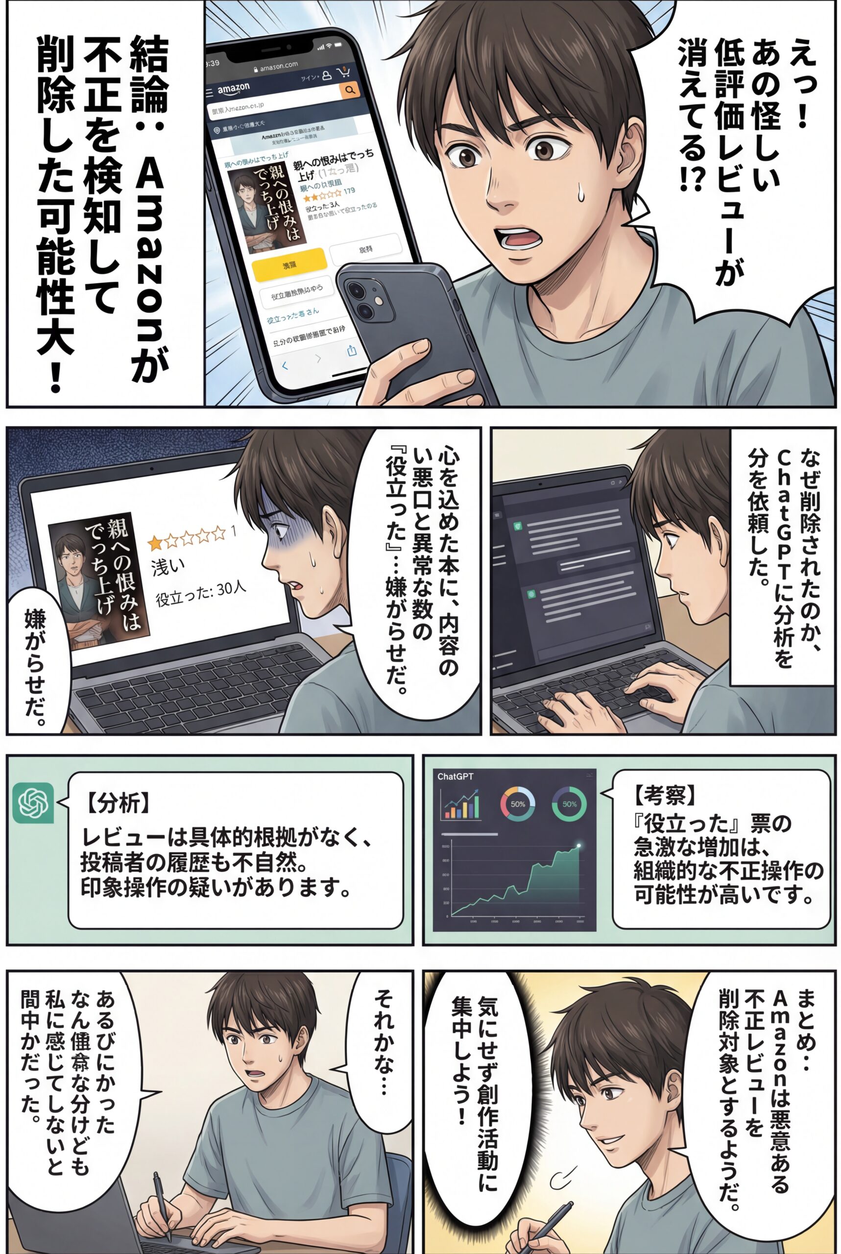AIビジュアル：書籍「親への恨みはでっち上げ」に掲載されていた「逆サクラレビュー」のような低評価がなぜ削除！？ChatGPTに聞いてみよう！