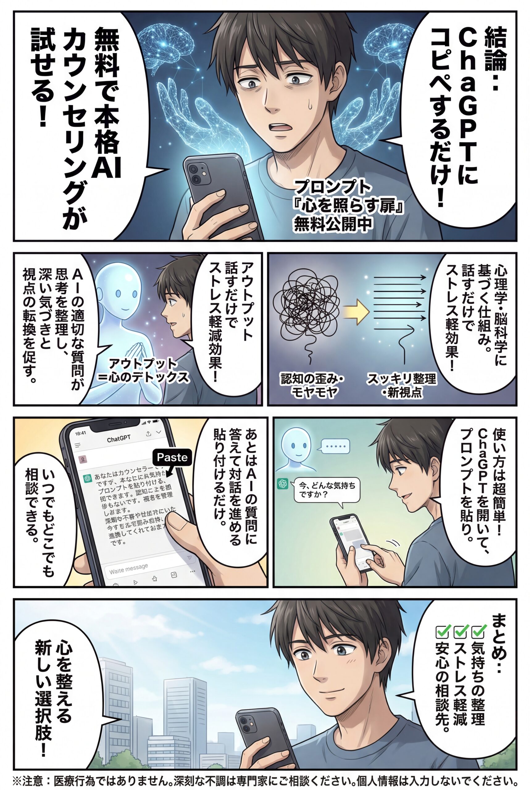 AIビジュアル：AIカウンセリングを無料で！ChatGPTのプロンプトを簡単コピペで試せる方法