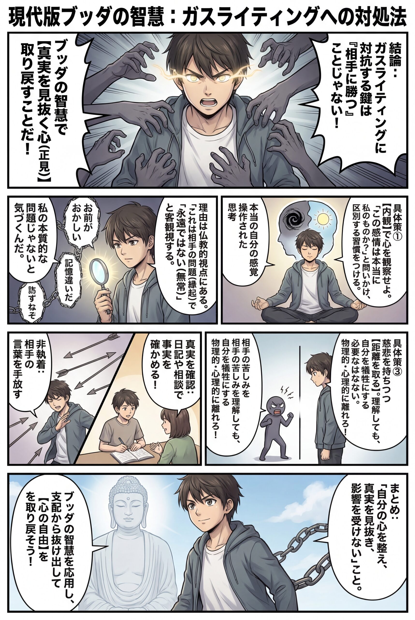 AIビジュアル：現代版ブッダの智慧：ガスライティングへの対処法〜真実を確認する習慣〜