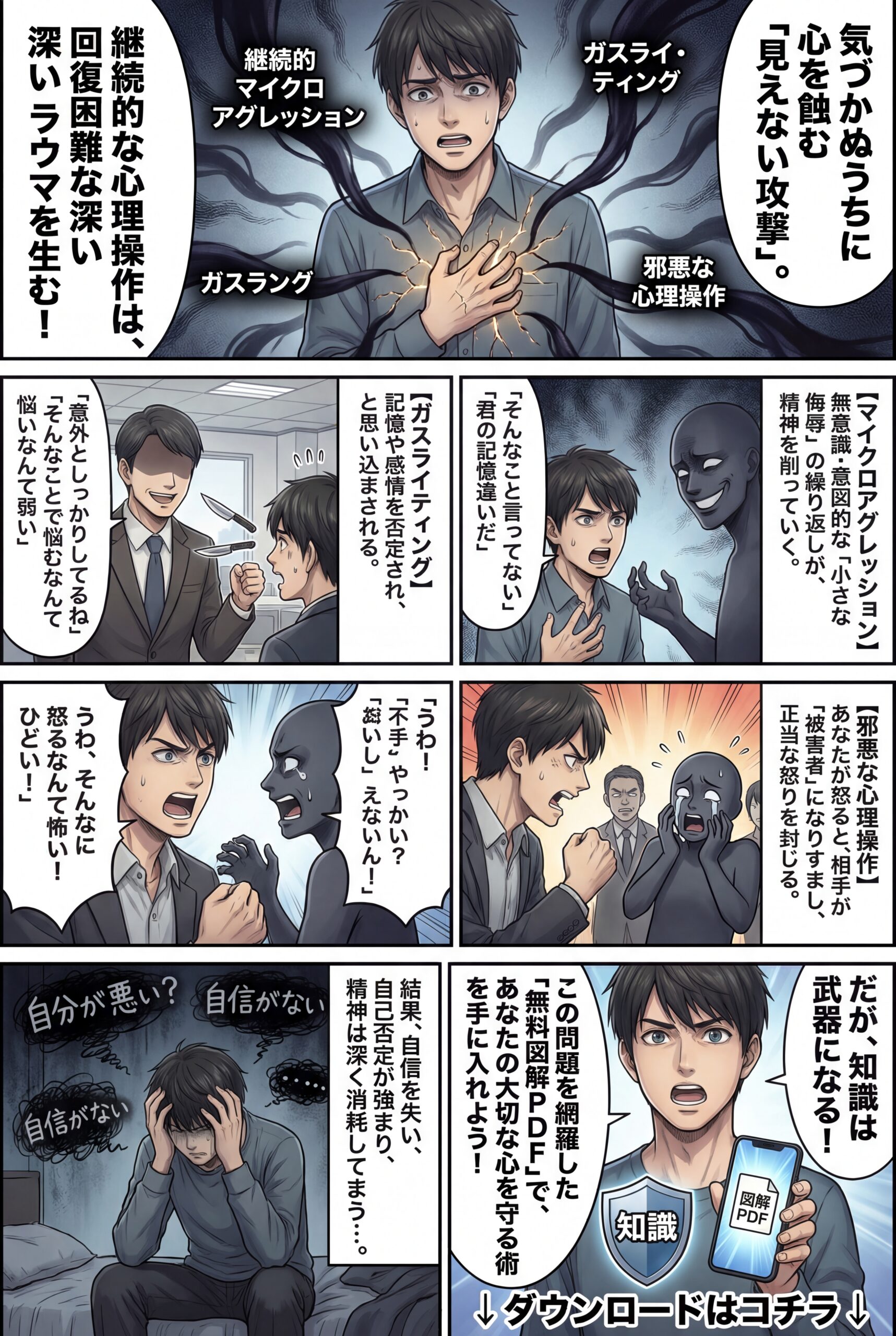 AIビジュアル：継続的マイクロアグレッション、ガスライティング、邪悪性によるトラウマとは？図解PDFを無料プレゼント！