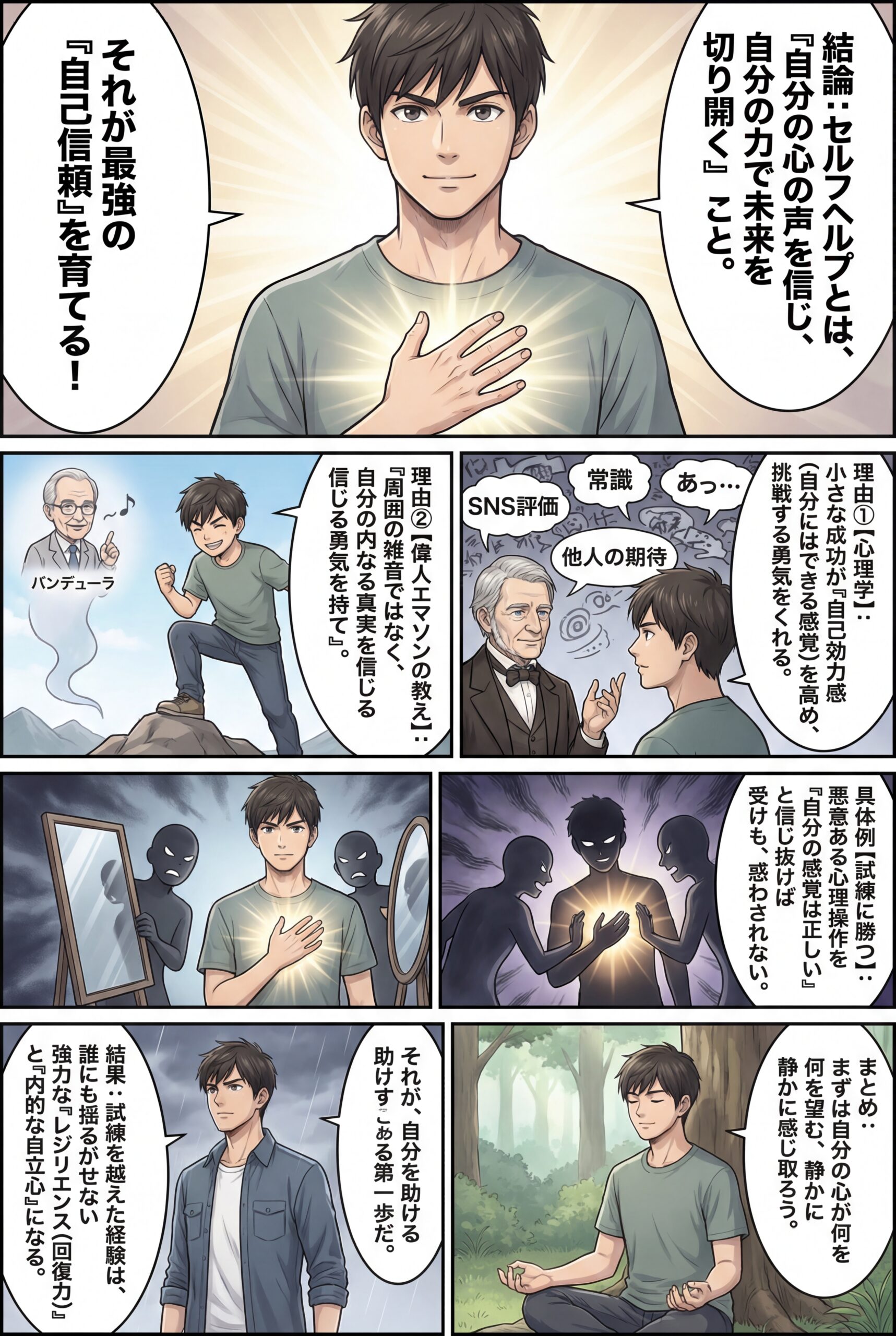 AIビジュアル：【セルフヘルプがなぜ重要？】エマソンやソクラテスの偉人の言葉から学ぶ「自己信頼」と「汝自身を知れ」の真髄