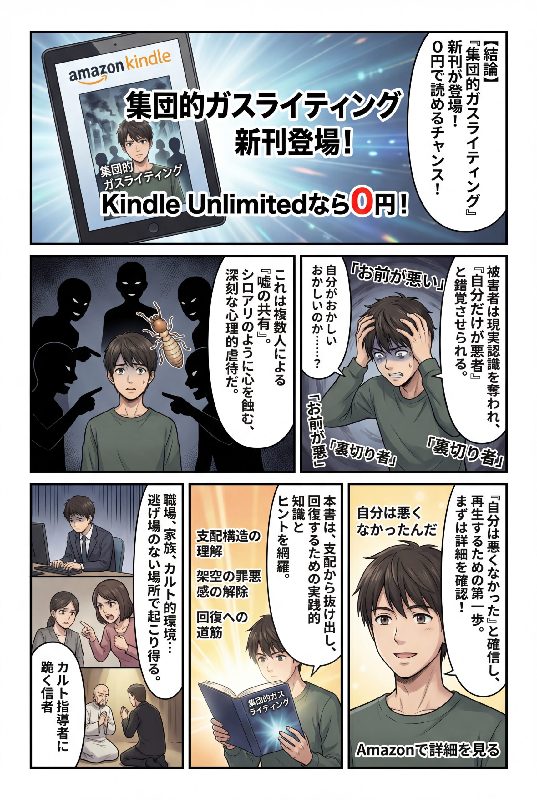 AIビジュアル：【0円で読める】「集団的ガスライティング」新刊がAmazon Kindleに登場！――職場や家族、カルト的環境に潜む心理操作から抜け出すヒント