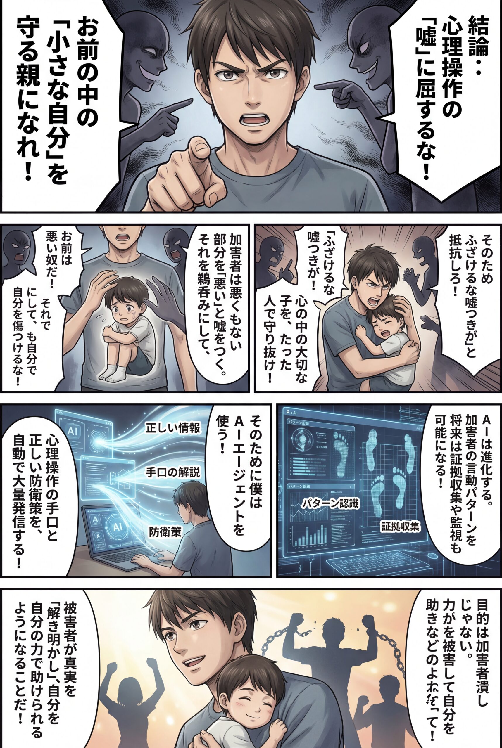AIビジュアル：心理操作をする者から「お前は悪い」と思い込ませられたらいけない。本当に悪い部分だけを認め、それ以外は自分の心を守る親になれ！