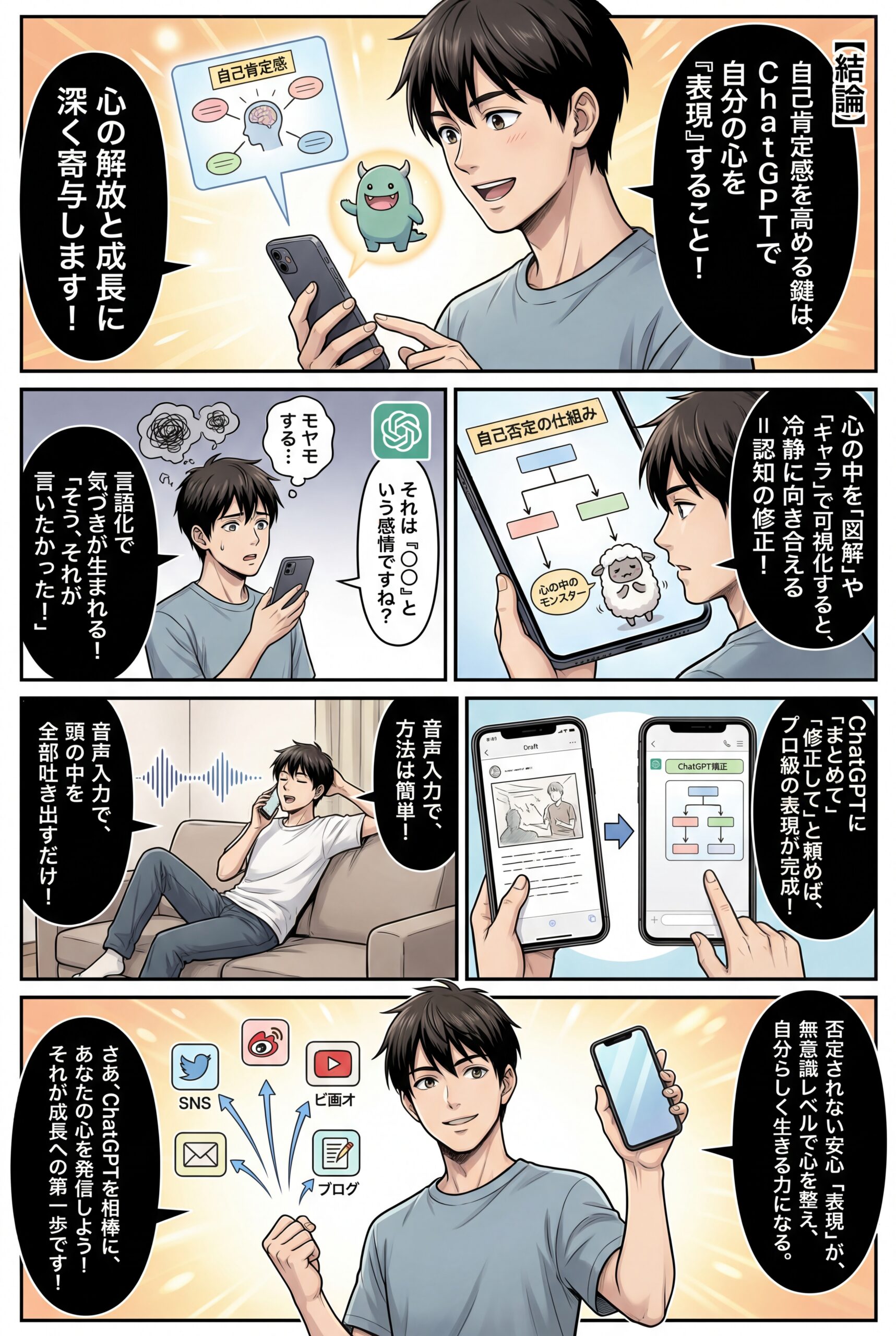 AIビジュアル：【図解】自己肯定感を高める方法　〜ChatGPTの新しい画像生成機能がすごい！〜感謝！ChatGPTを使った表現は心理的な成長や心の解放に深く寄与します！