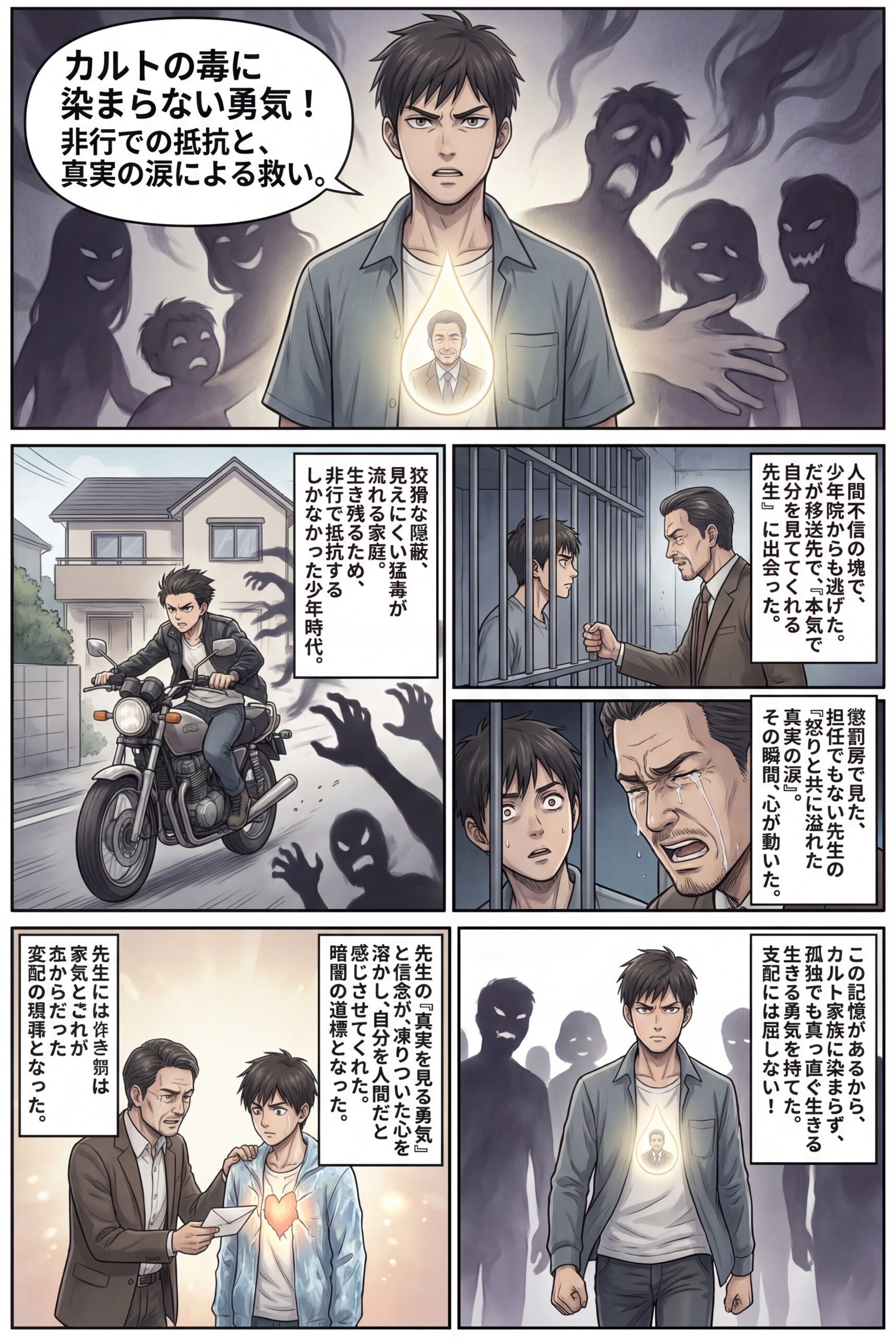 AIビジュアル：【カルト：解毒の種】「狡猾な隠蔽が伴うカルト化した機能不全家庭」で育ち、非行で抵抗した子供時代とその本質。カルトの支配や腐敗に染まらない勇気を持とう！