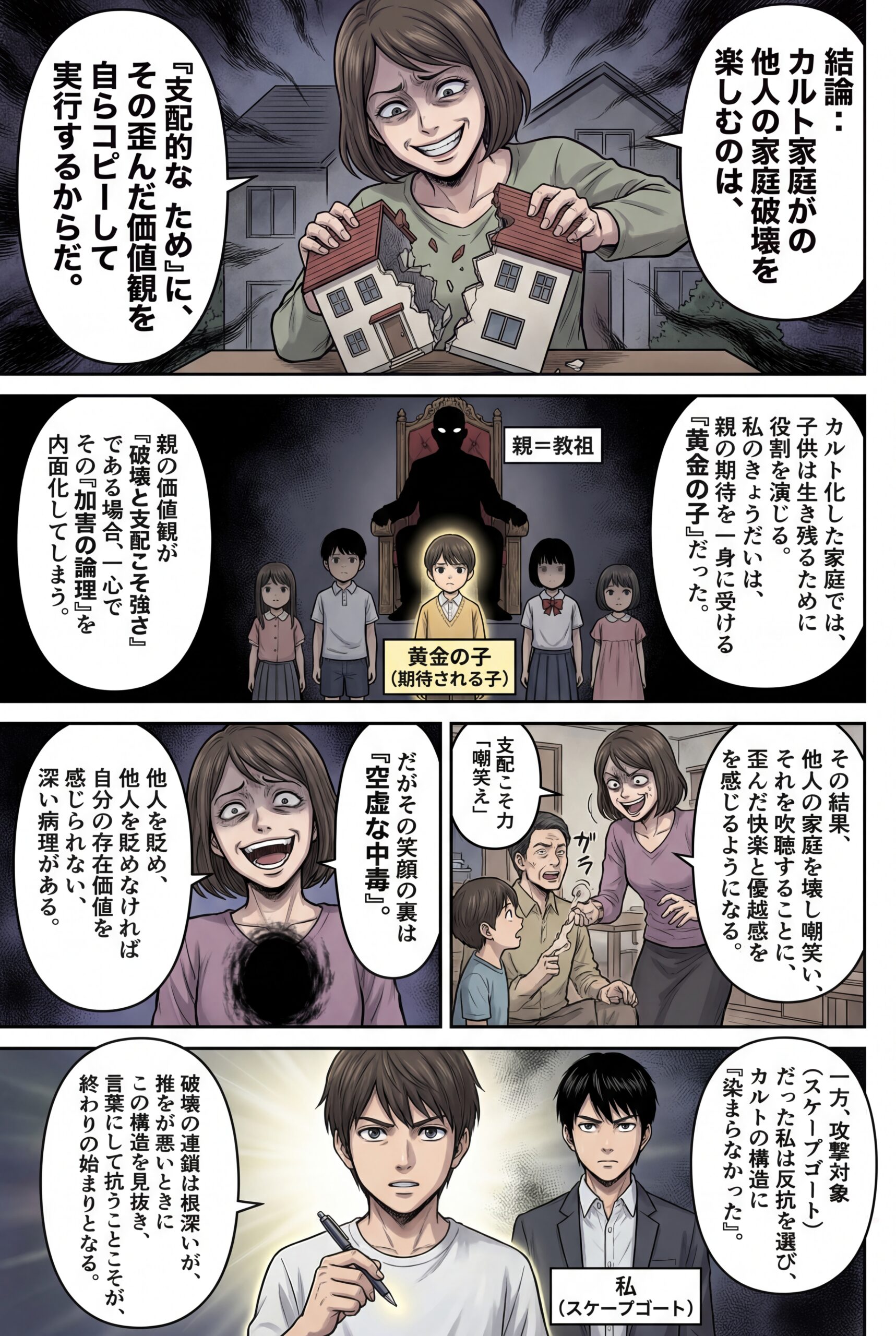 AIビジュアル：なぜカルト化した機能不全家族のメンバーは、他人の家庭を壊すことを楽しむのか？ChatGPTに聞いてみる。：破壊の快楽と支配の病理──カルト家庭に育った僕の実話と洞察