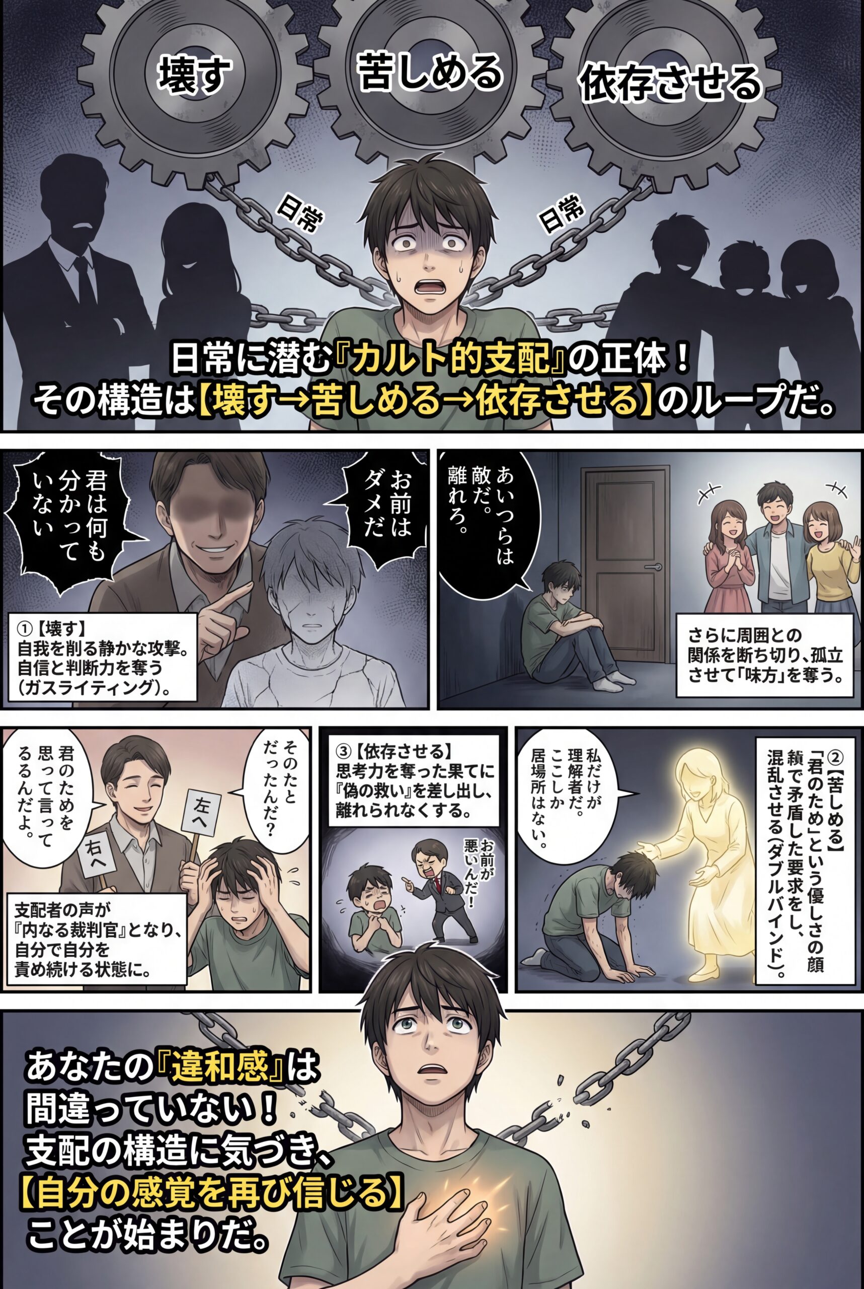 AIビジュアル：カルト的支配の構造：壊す、苦しめる、依存させる