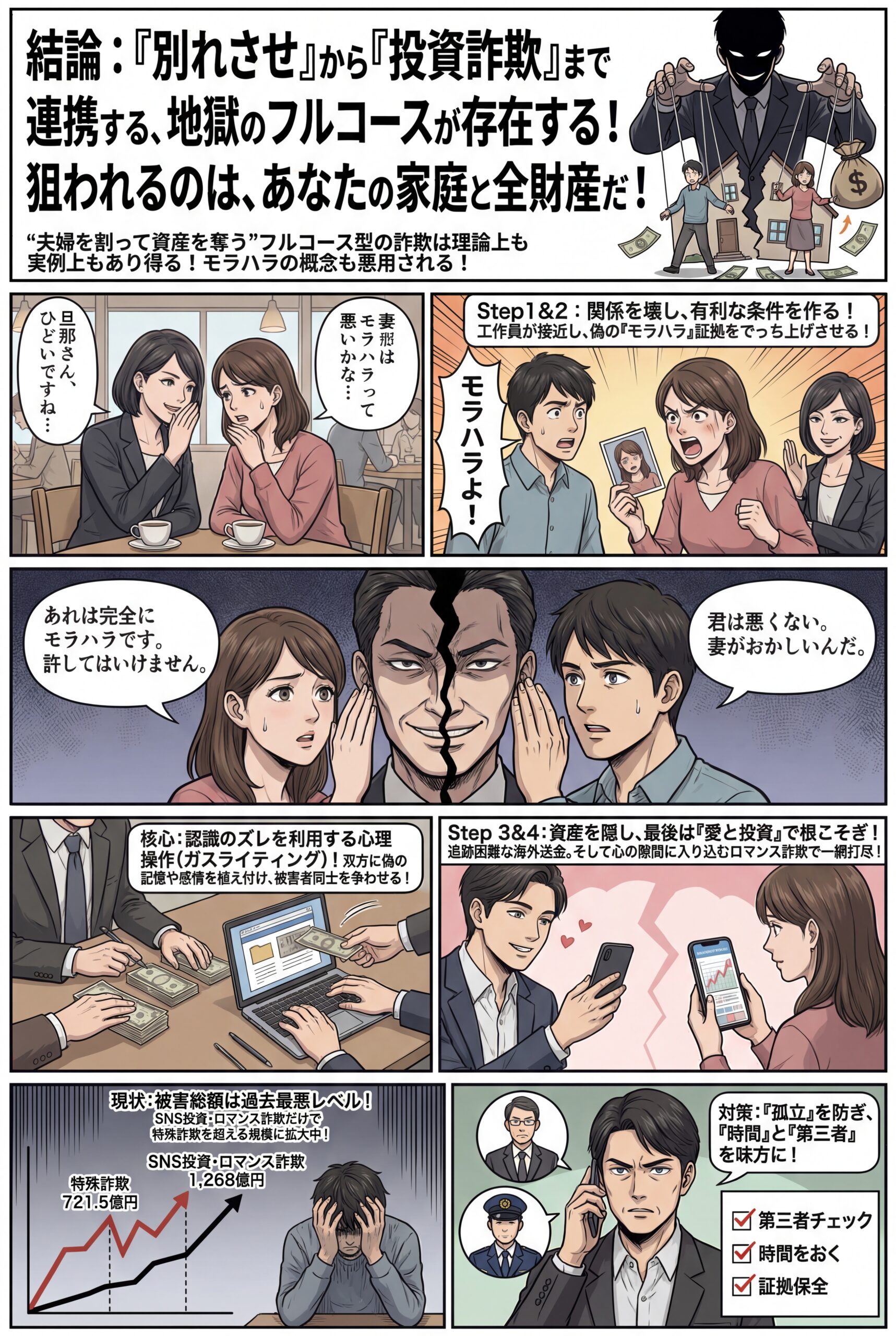AIビジュアル：“‘夫婦を割って資産を奪う”フルコース型の詐欺は理論上も実例上もあり得る！モラハラの概念を悪用する詐欺師！